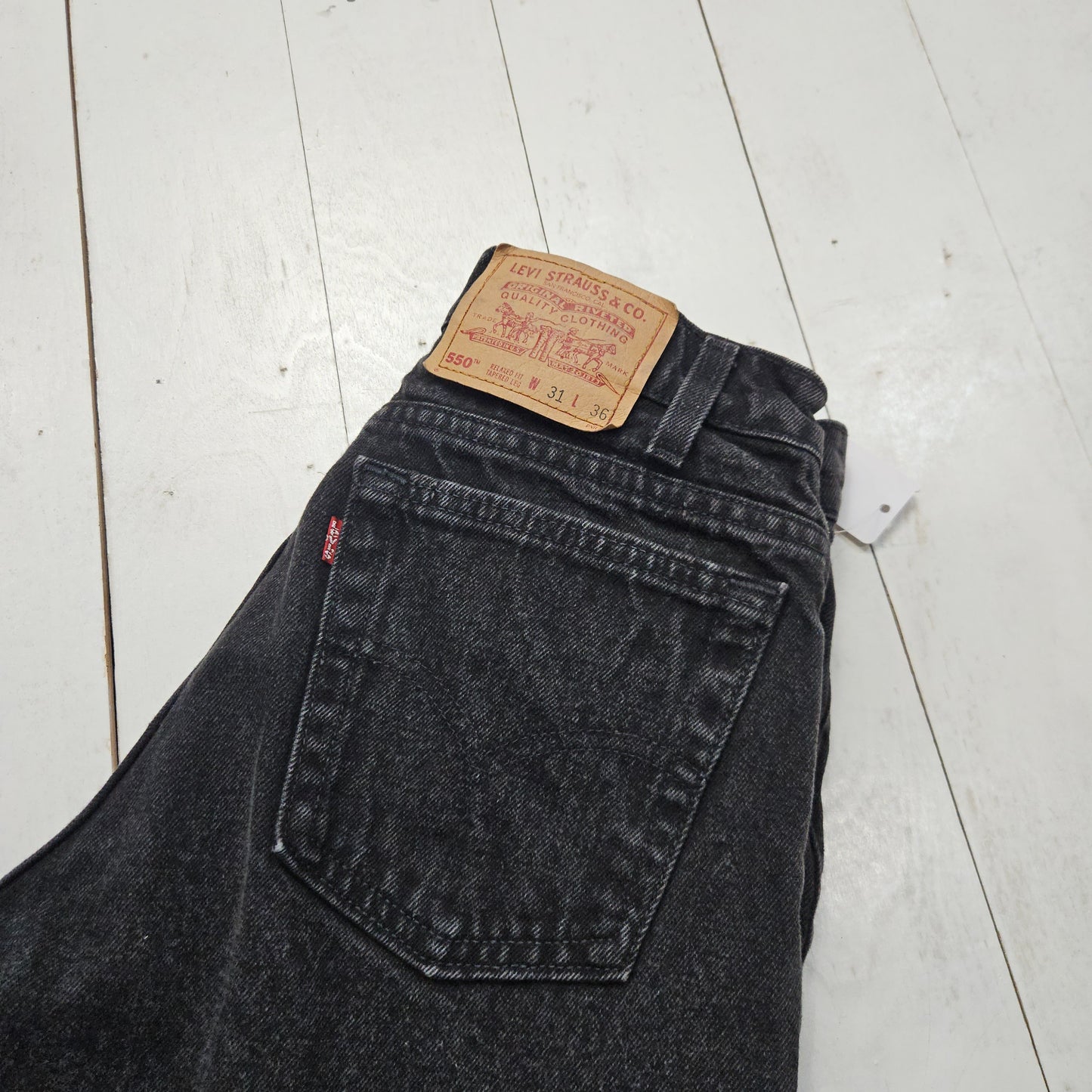 1990s Levi's Black Denim 550 Relaxed Fit Tapered Leg Denim Jeans Made in USA Size 28x34.5