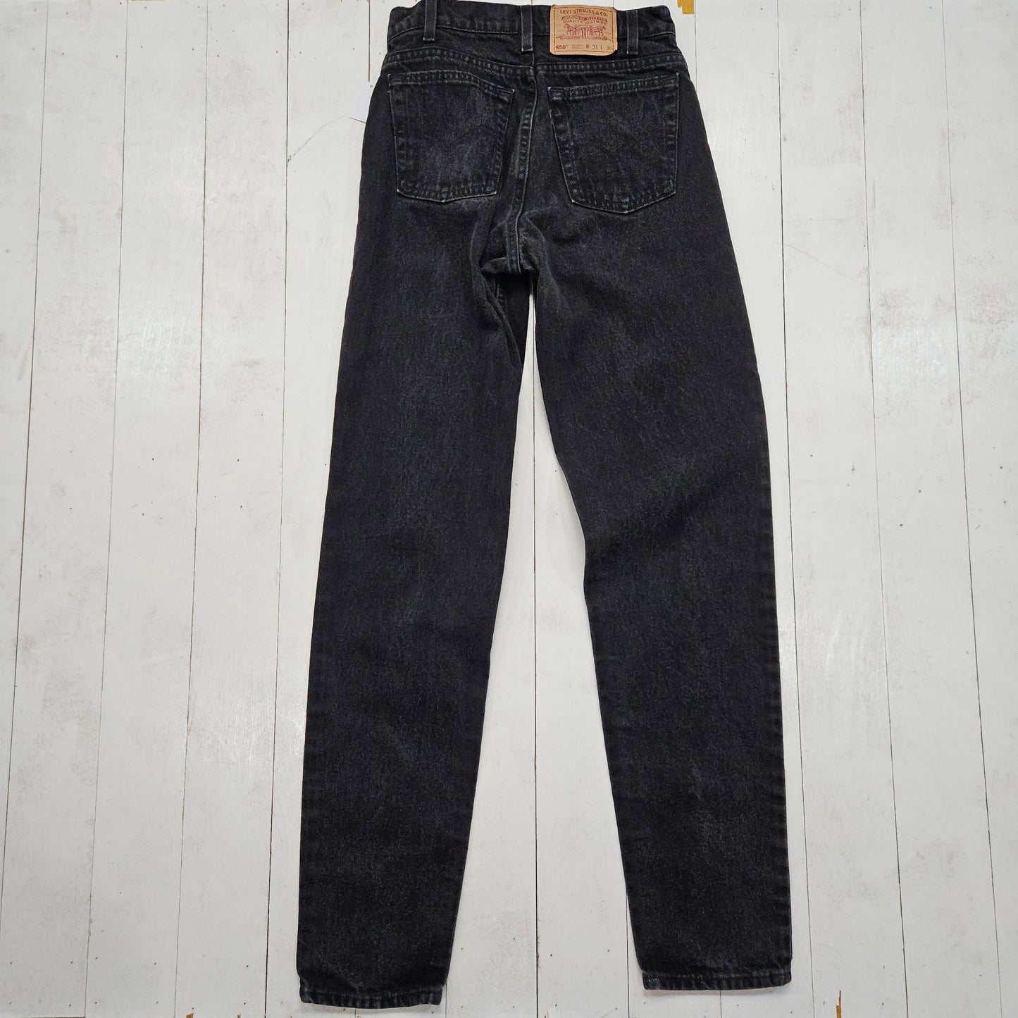 1990s Levi's Black Denim 550 Relaxed Fit Tapered Leg Denim Jeans Made in USA Size 28x34.5