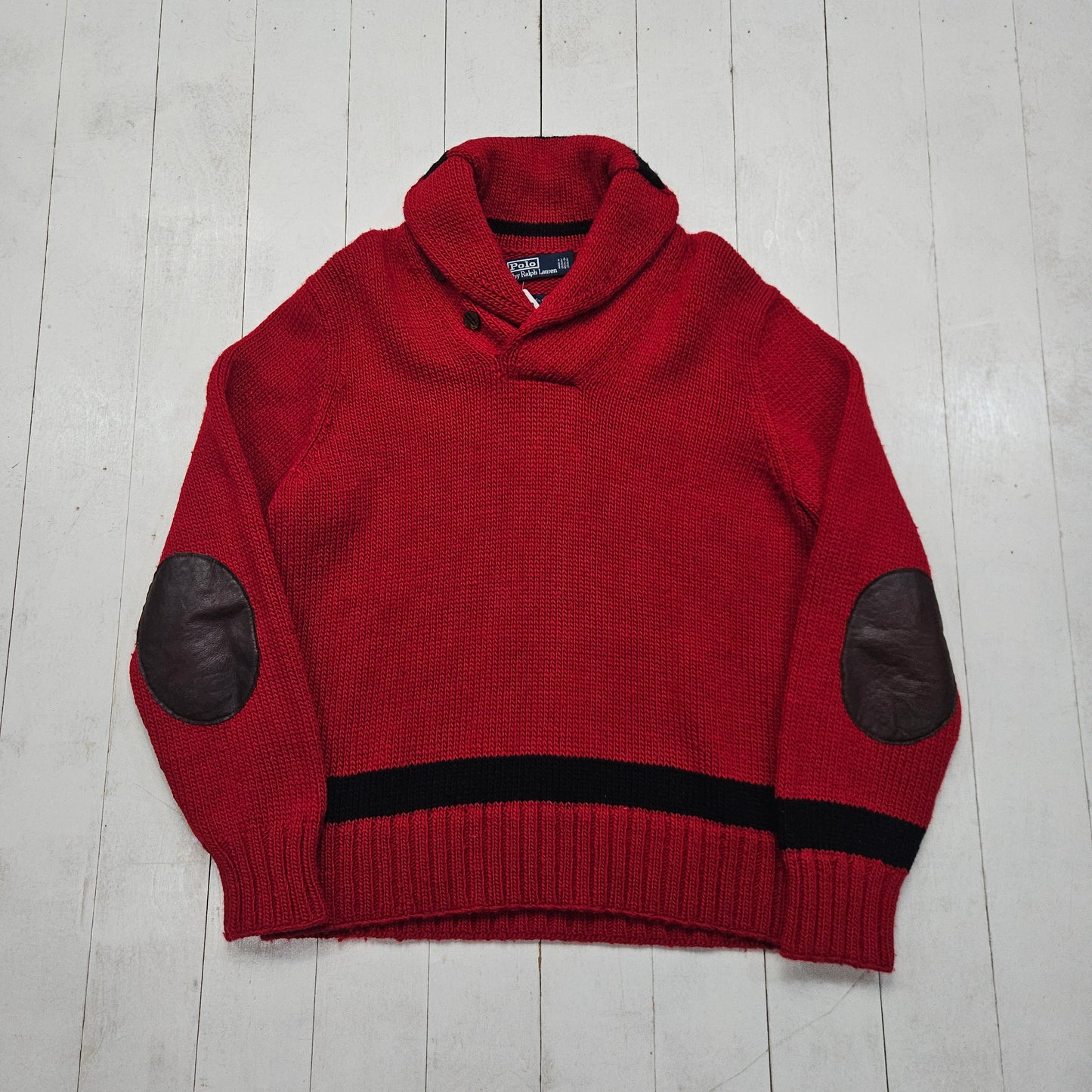 1990s Polo Ralph Lauren Red/Black Two Tone Hand Knit Wool Shawl Collar Pullover Sweater Size L