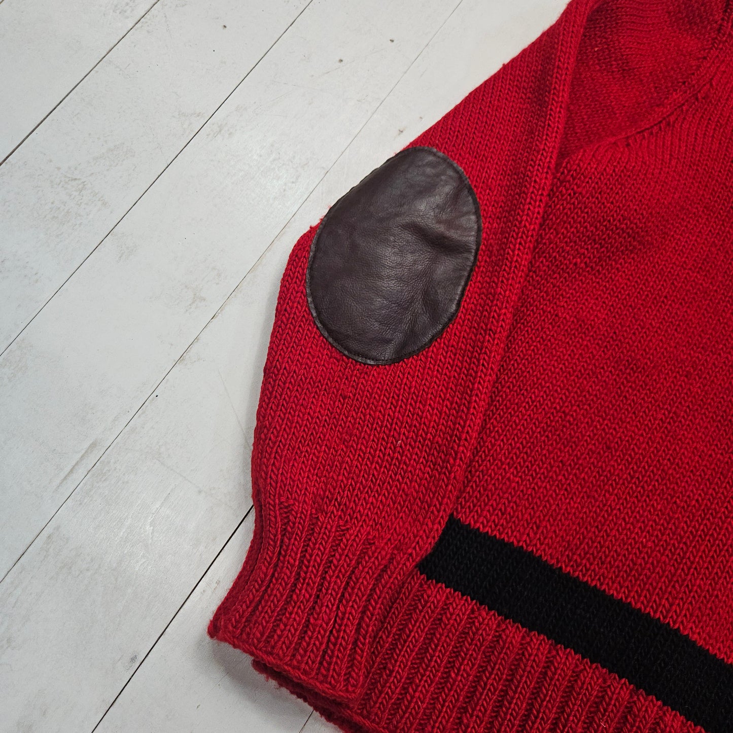 1990s Polo Ralph Lauren Red/Black Two Tone Hand Knit Wool Shawl Collar Pullover Sweater Size L