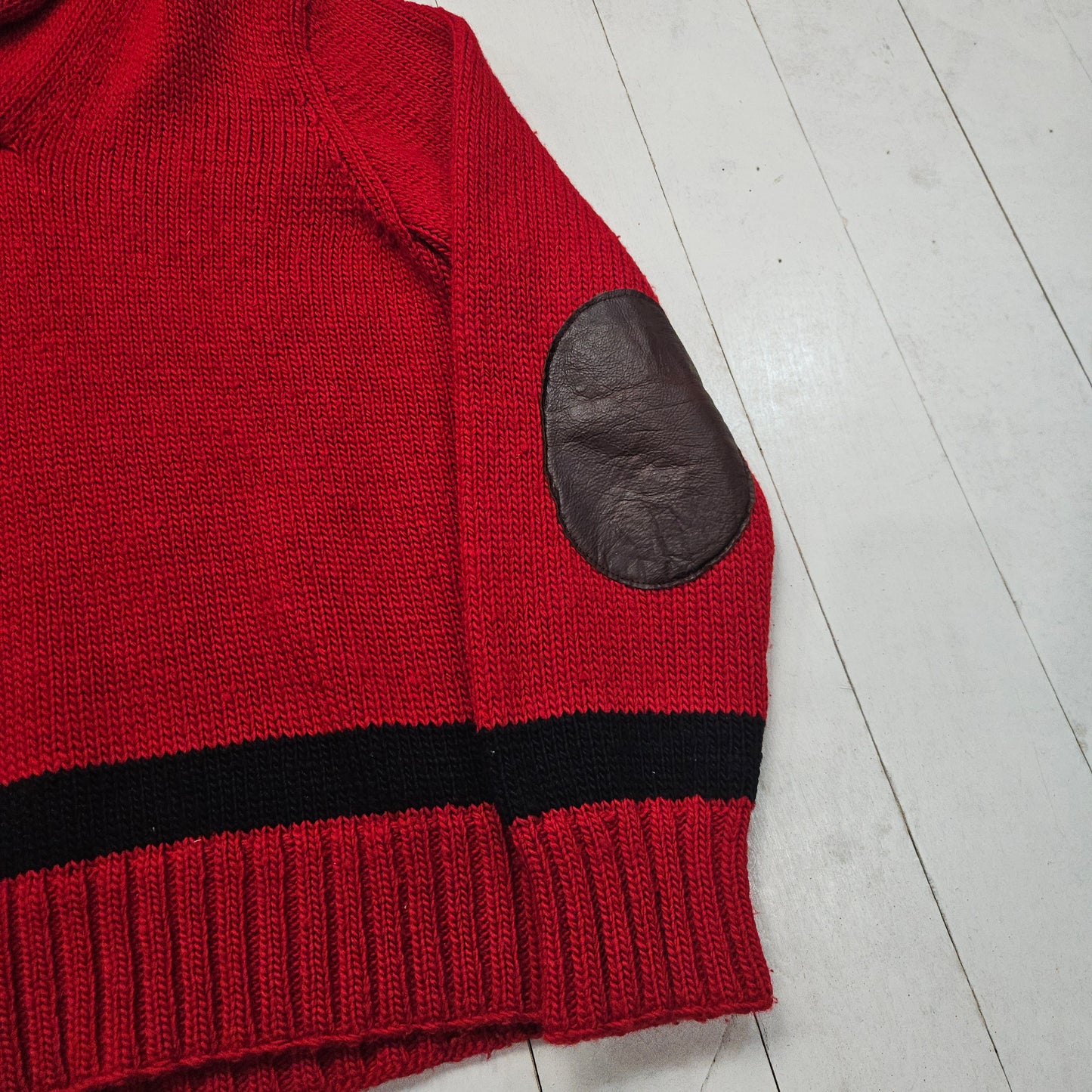 1990s Polo Ralph Lauren Red/Black Two Tone Hand Knit Wool Shawl Collar Pullover Sweater Size L