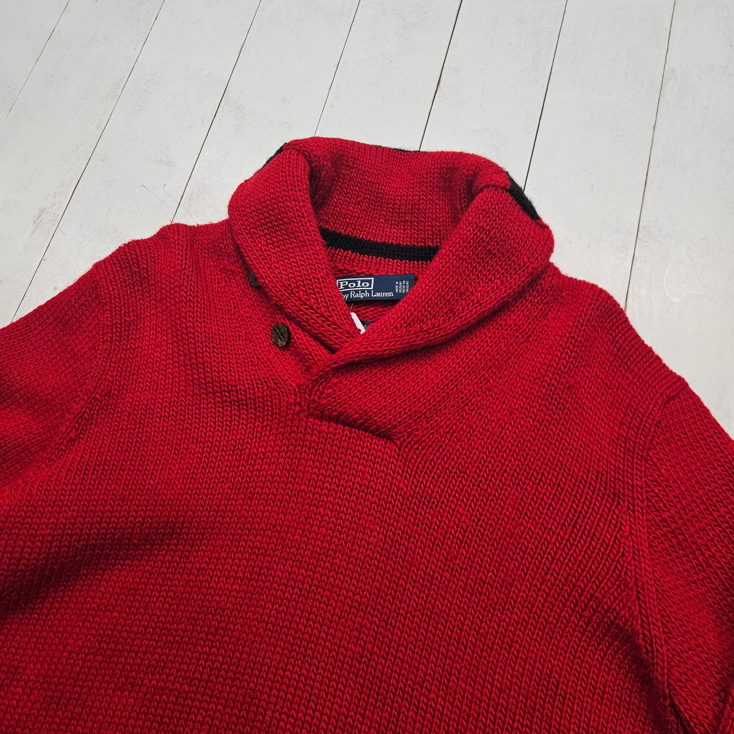 1990s Polo Ralph Lauren Red/Black Two Tone Hand Knit Wool Shawl Collar Pullover Sweater Size L