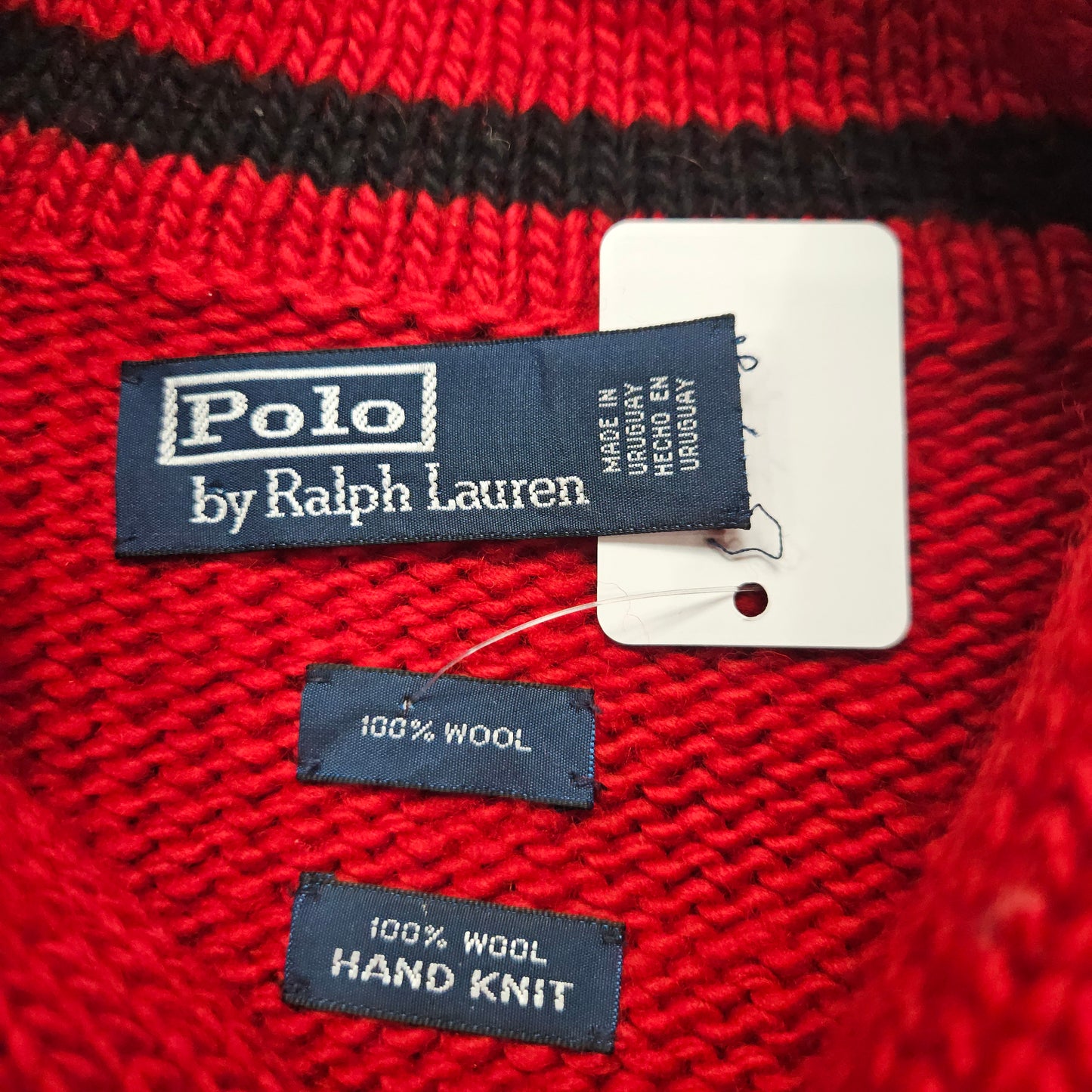 1990s Polo Ralph Lauren Red/Black Two Tone Hand Knit Wool Shawl Collar Pullover Sweater Size L