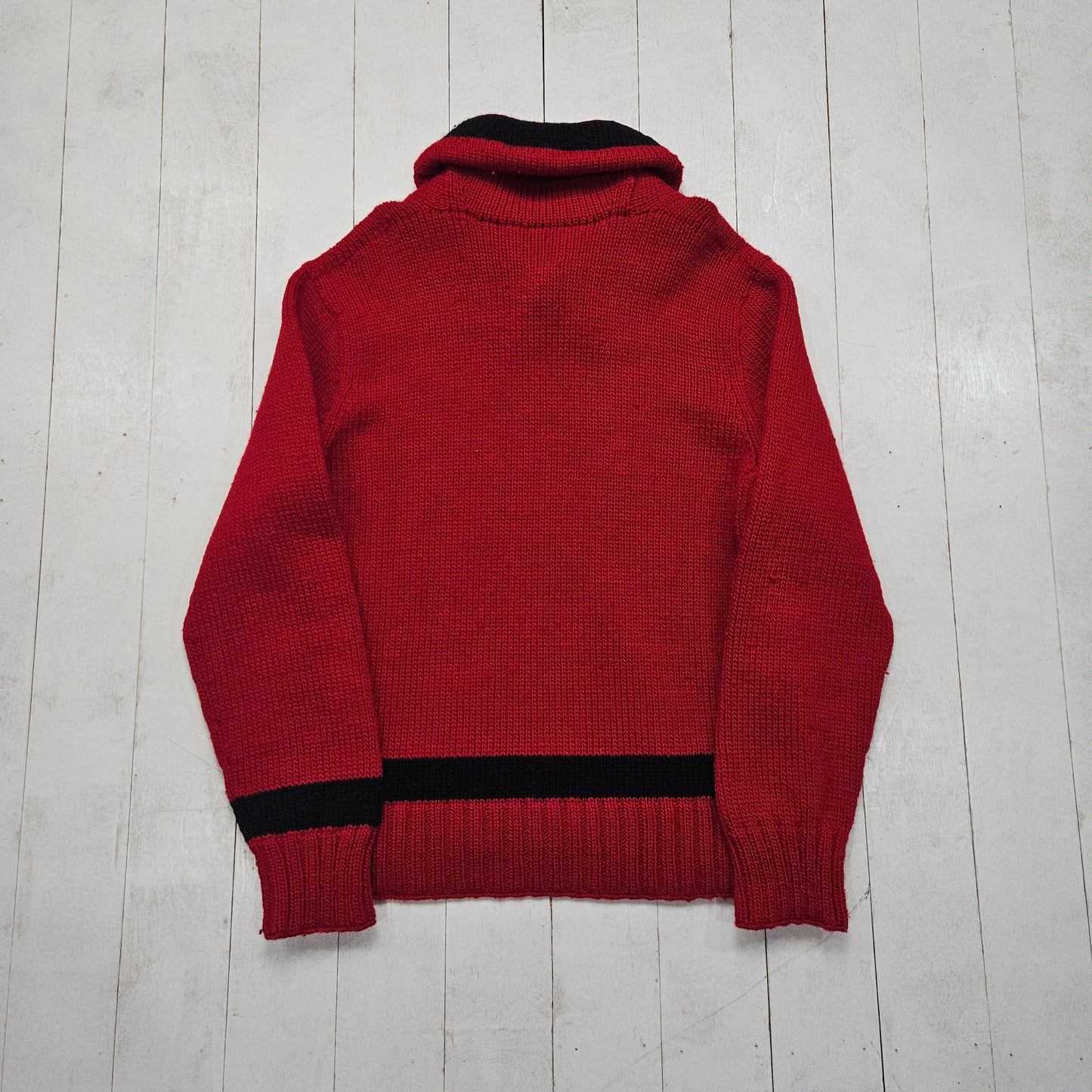 1990s Polo Ralph Lauren Red/Black Two Tone Hand Knit Wool Shawl Collar Pullover Sweater Size L