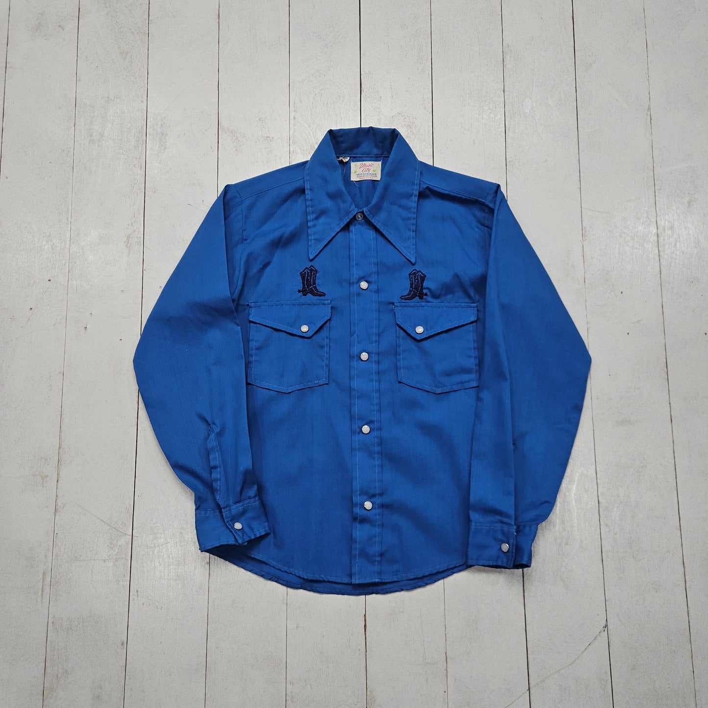 1970s Music City Westerns Blue Embroidered Cowboy Boot Western Shirt Made in USA Women's Size S