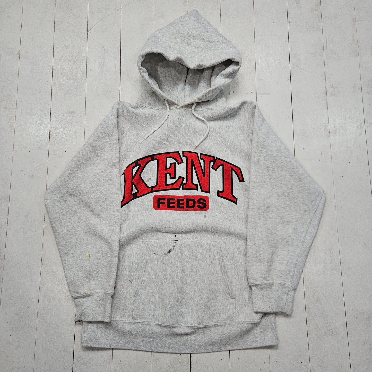 1990s Kent Feeds Grey Rerverse Weave Style Promotional Hoodie Sweatshirt Made in USA Size M