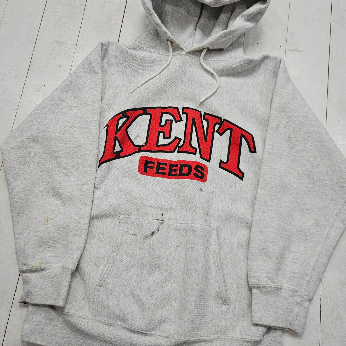 1990s Kent Feeds Grey Rerverse Weave Style Promotional Hoodie Sweatshirt Made in USA Size M
