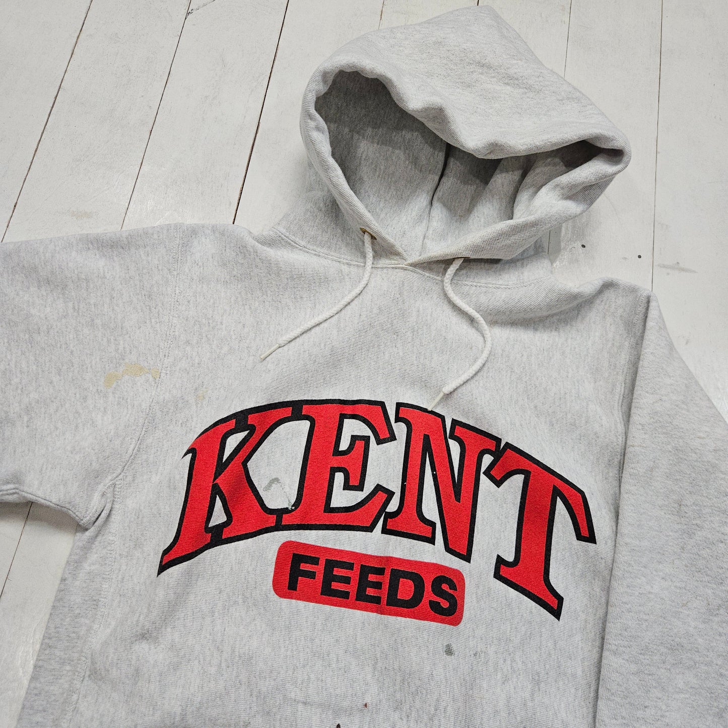 1990s Kent Feeds Grey Rerverse Weave Style Promotional Hoodie Sweatshirt Made in USA Size M