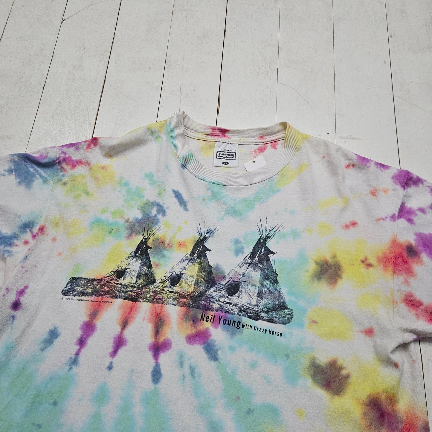 1990s 1996 Tie Dyed Neil Young with Crazy Horse Broken Arrow Tour T-Shirt Made in USA Size L/XL