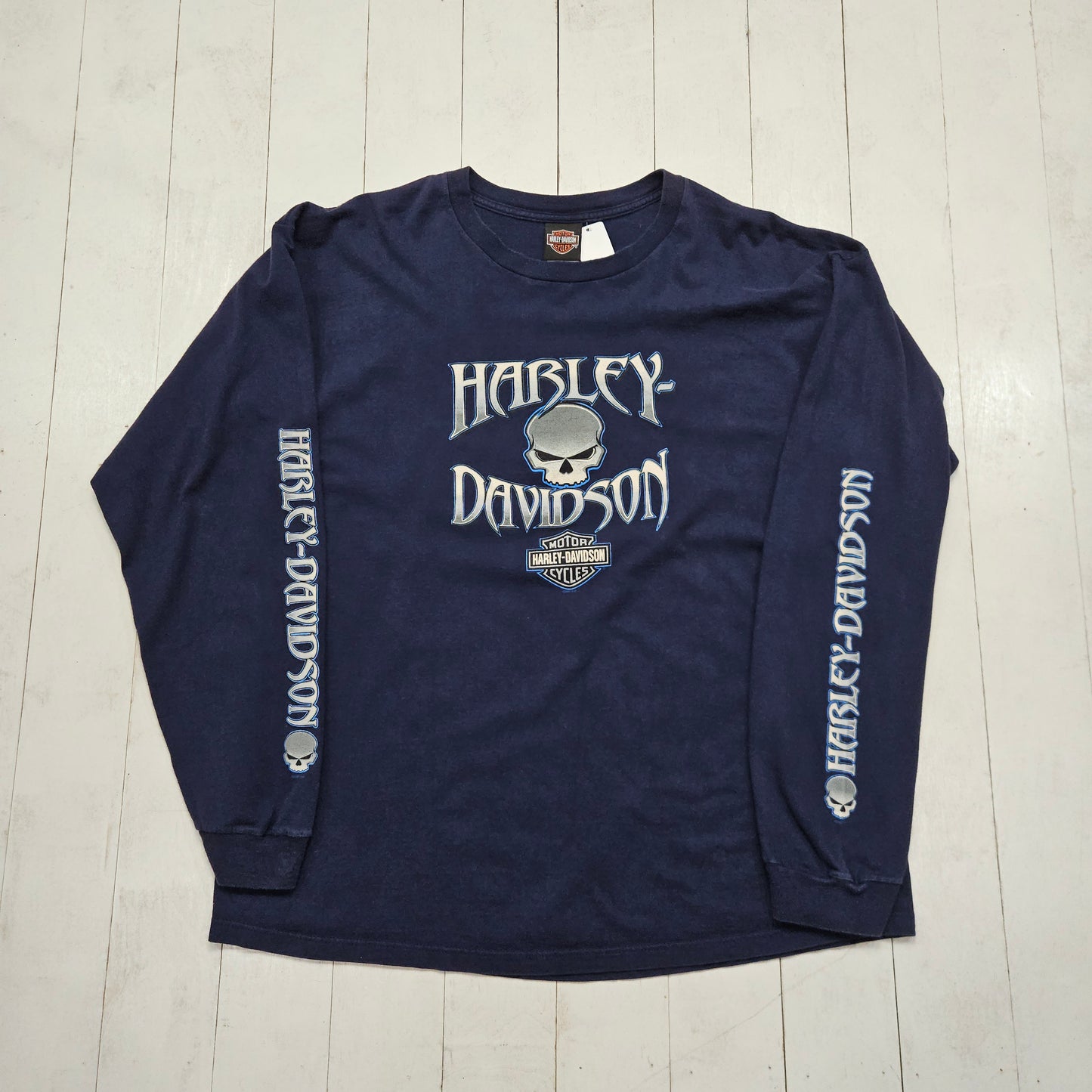 2000s 2007 Harley-Davidson Blue Skull Beaver Falls Pennsylvania Long Sleeve Motorcycle T-Shirt Made in USA Size XL