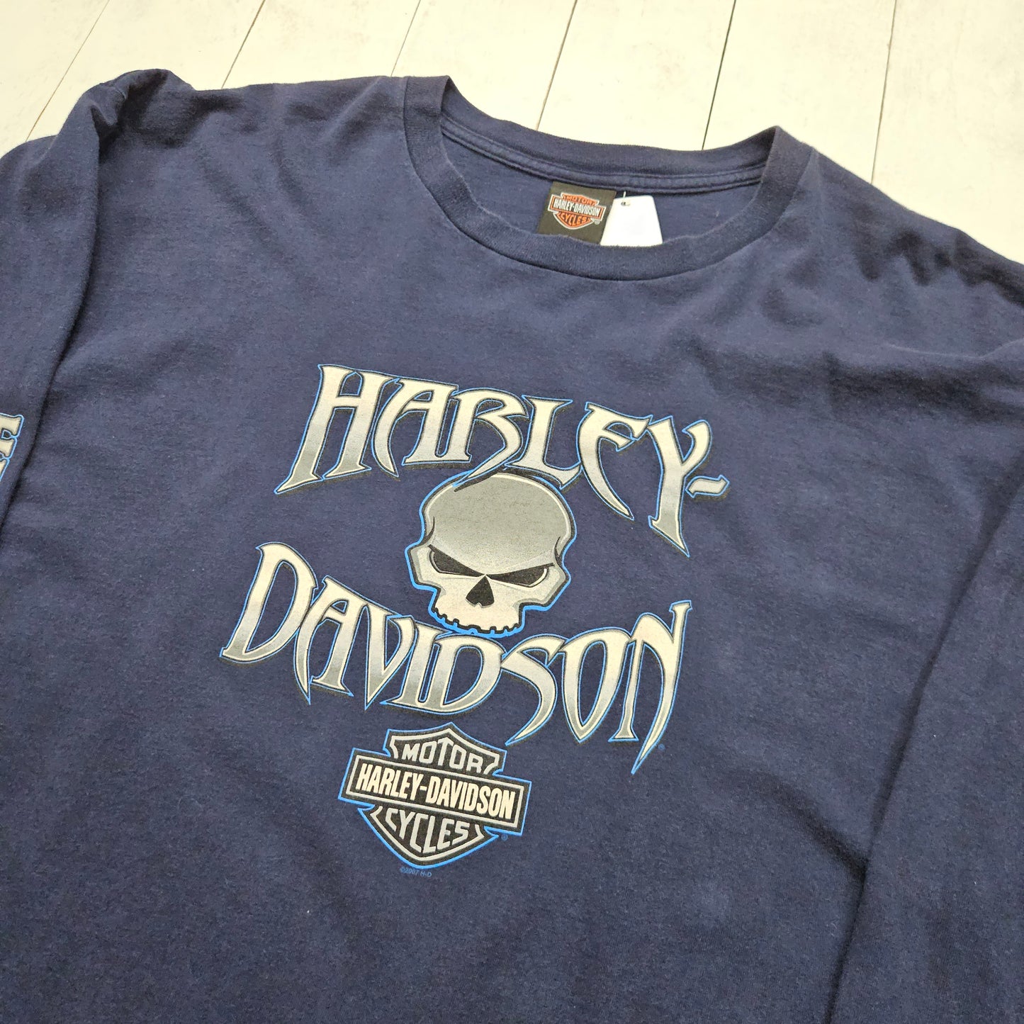 2000s 2007 Harley-Davidson Blue Skull Beaver Falls Pennsylvania Long Sleeve Motorcycle T-Shirt Made in USA Size XL