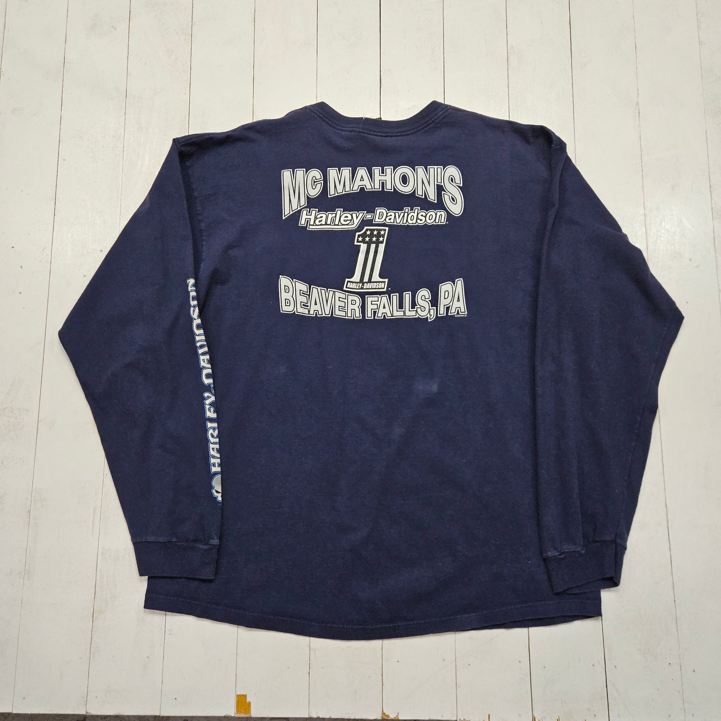 2000s 2007 Harley-Davidson Blue Skull Beaver Falls Pennsylvania Long Sleeve Motorcycle T-Shirt Made in USA Size XL