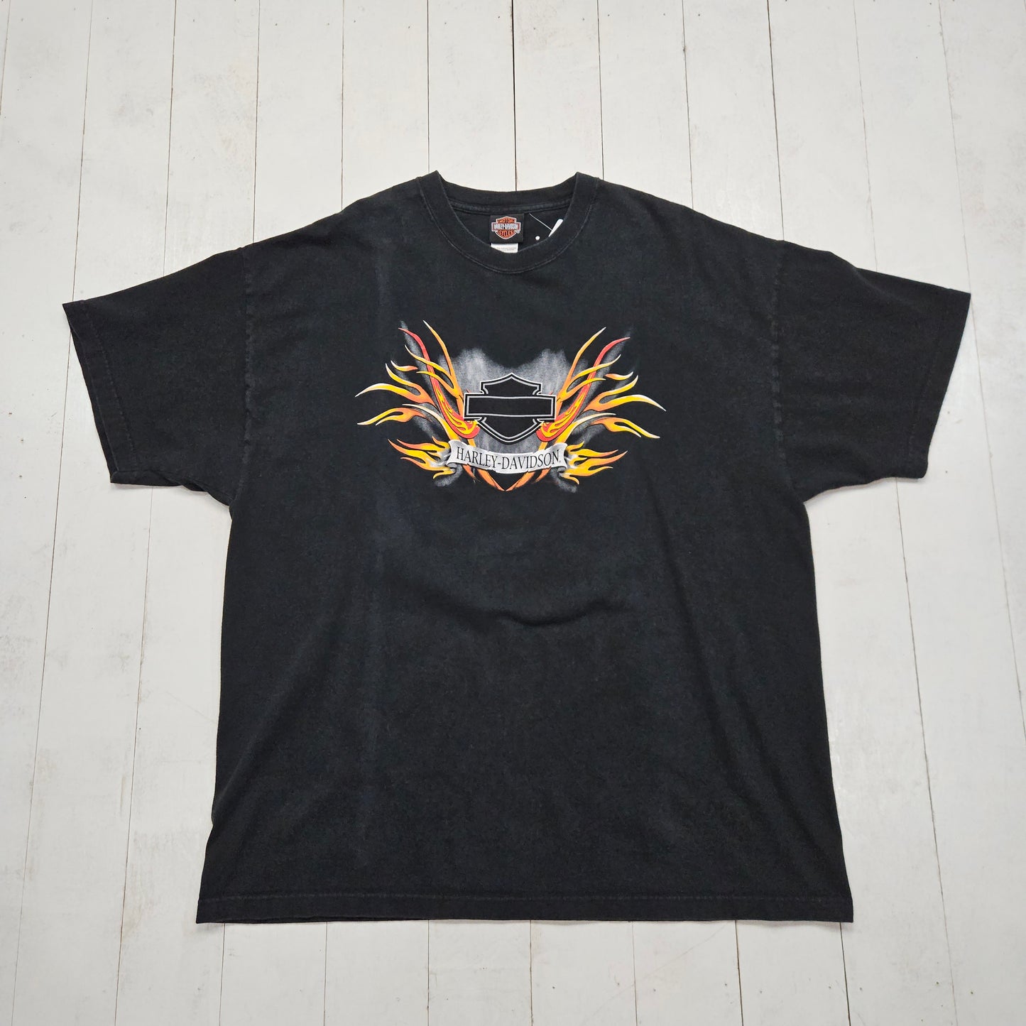 2000s 2003 Y2K Harley-Davidson Black Bar Shield Logo Pinstripe Flames Outpost Pueblo Colorado Motorcycle T-Shirt Made in USA Size XXL