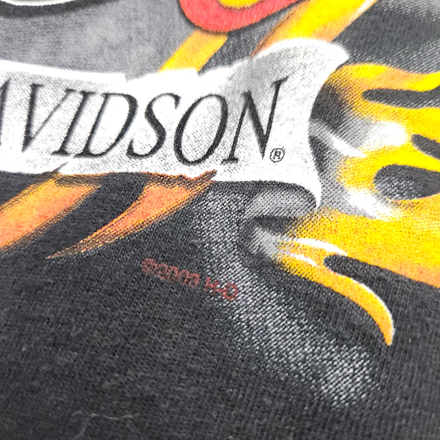 2000s 2003 Y2K Harley-Davidson Black Bar Shield Logo Pinstripe Flames Outpost Pueblo Colorado Motorcycle T-Shirt Made in USA Size XXL