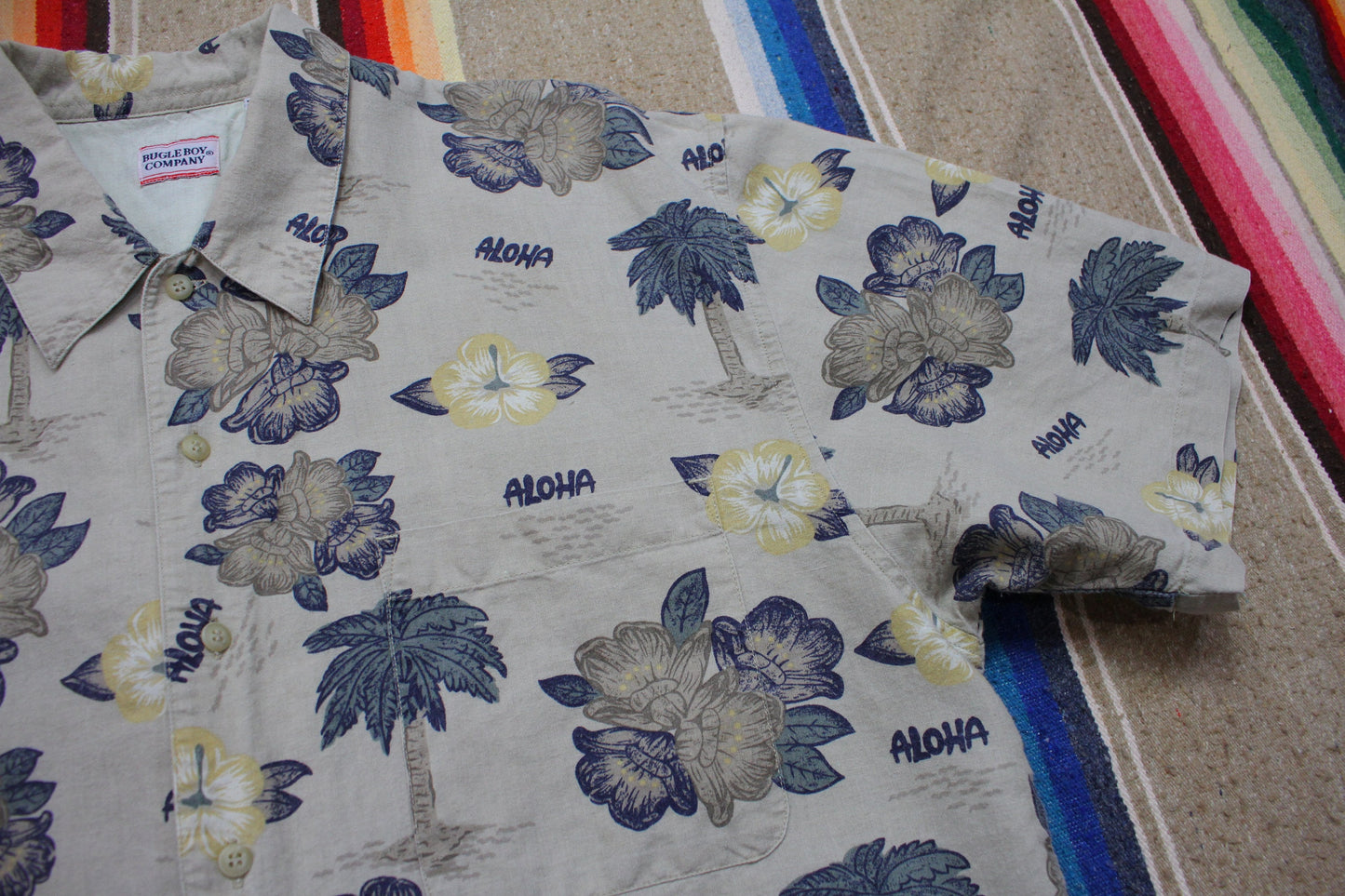 1990s Bugle Boy Tropical Aloha Print Button Up Shortsleeve Hawaiian Shirt Size L/XL