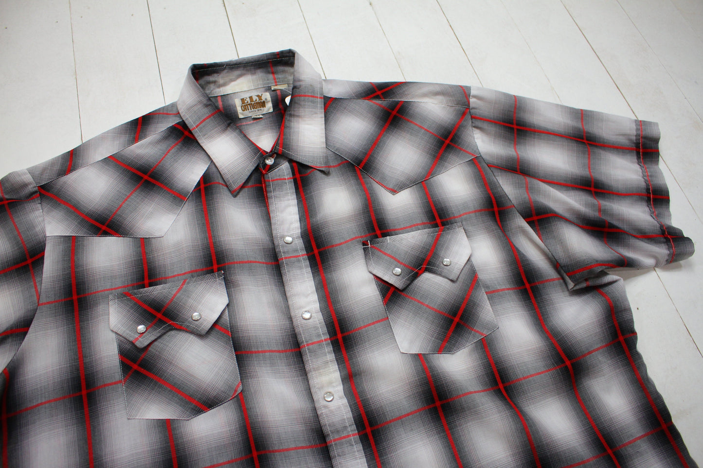 1990s ELY Cattleman Shadow Plaid Sawtooth Pocket Shortsleeve Western Shirt Size XXL
