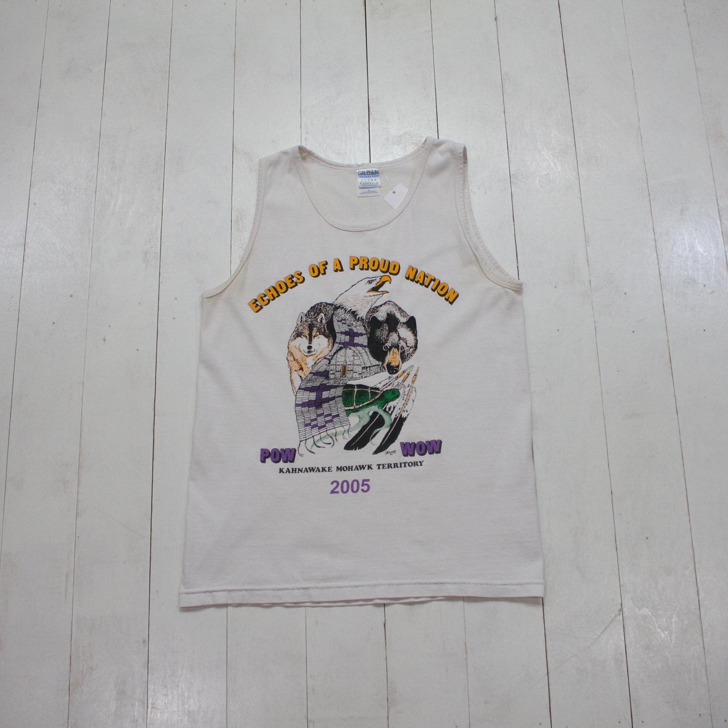2000s Y2K 2002 Echoes of a Proud Nation Kahnawake Mohawk Territory Pow Wow Tank Top T-Shirt Size S