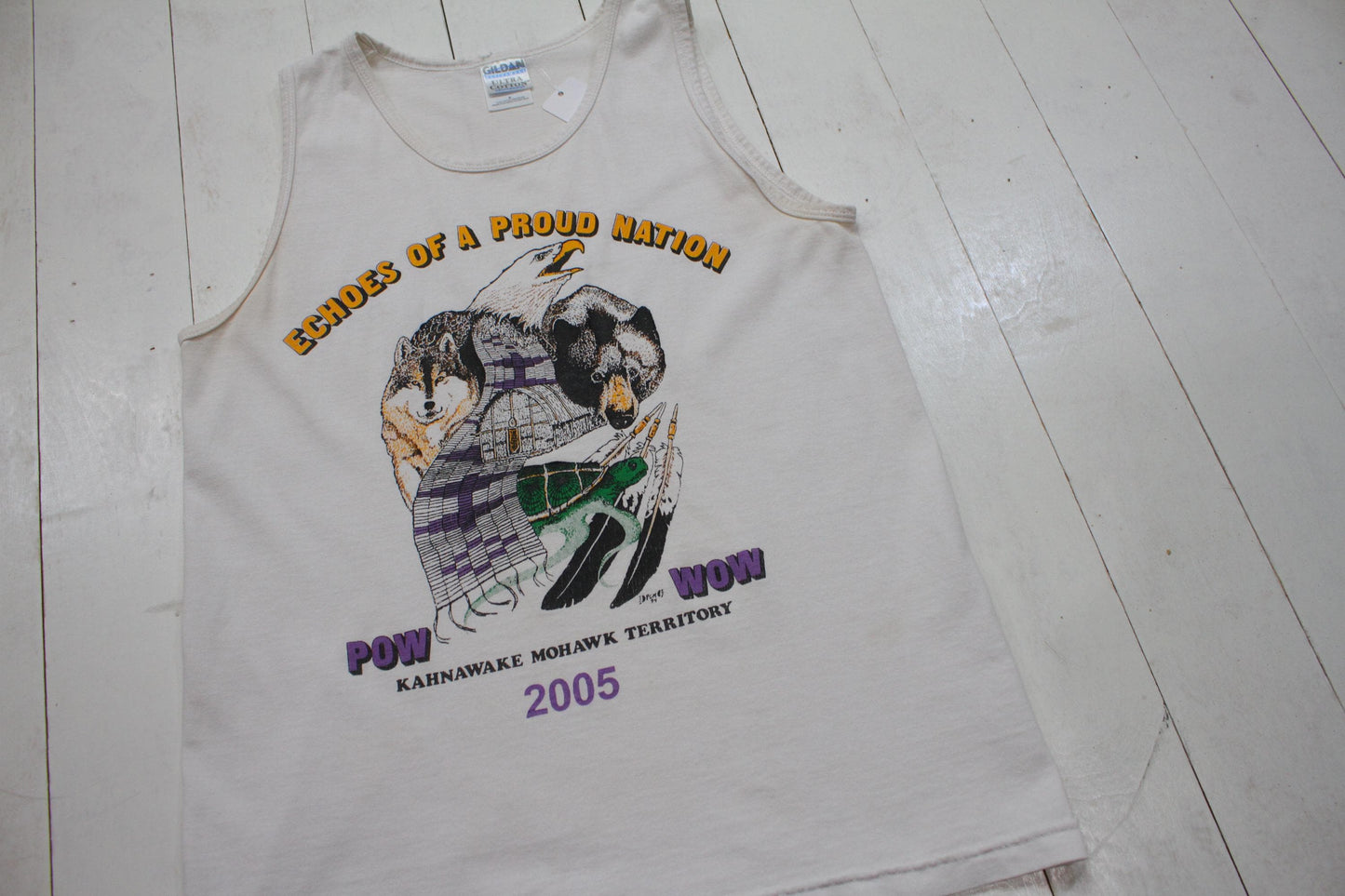 2000s Y2K 2002 Echoes of a Proud Nation Kahnawake Mohawk Territory Pow Wow Tank Top T-Shirt Size S