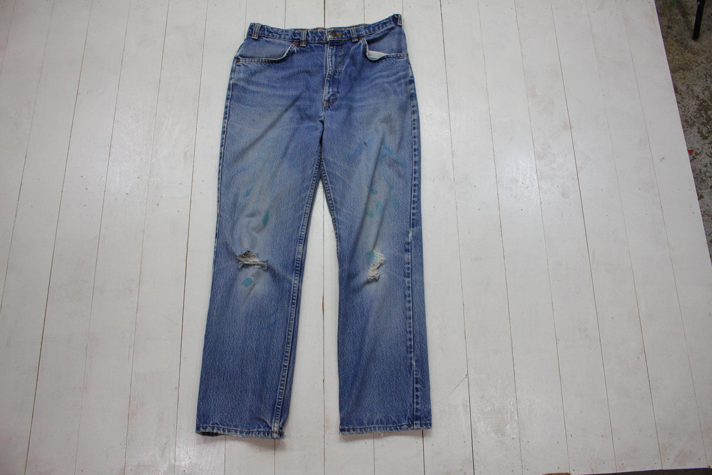 1990s Levi's Orange Tab 619 Blue Denim Jeans Distressed Painter Size 30x28