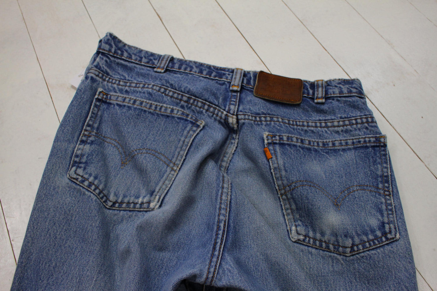 1990s Levi's Orange Tab 619 Blue Denim Jeans Distressed Painter Size 30x28
