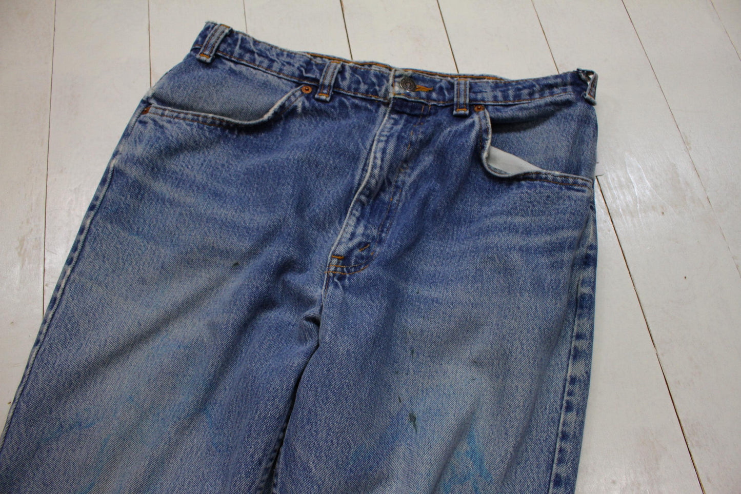 1990s Levi's Orange Tab 619 Blue Denim Jeans Distressed Painter Size 30x28