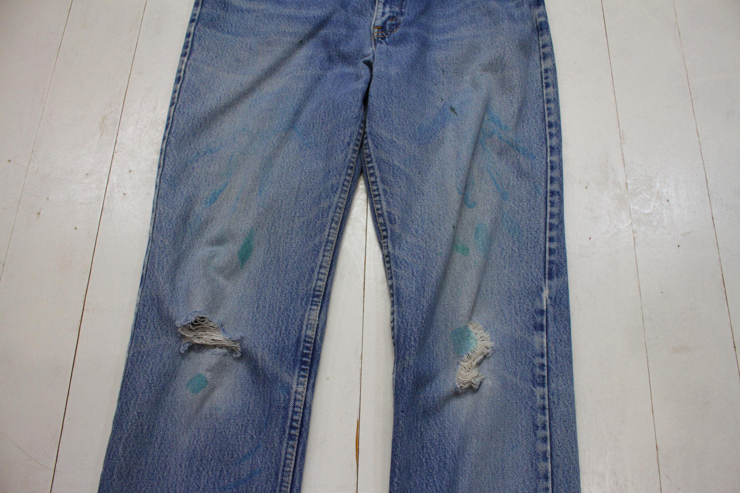 1990s Levi's Orange Tab 619 Blue Denim Jeans Distressed Painter Size 30x28