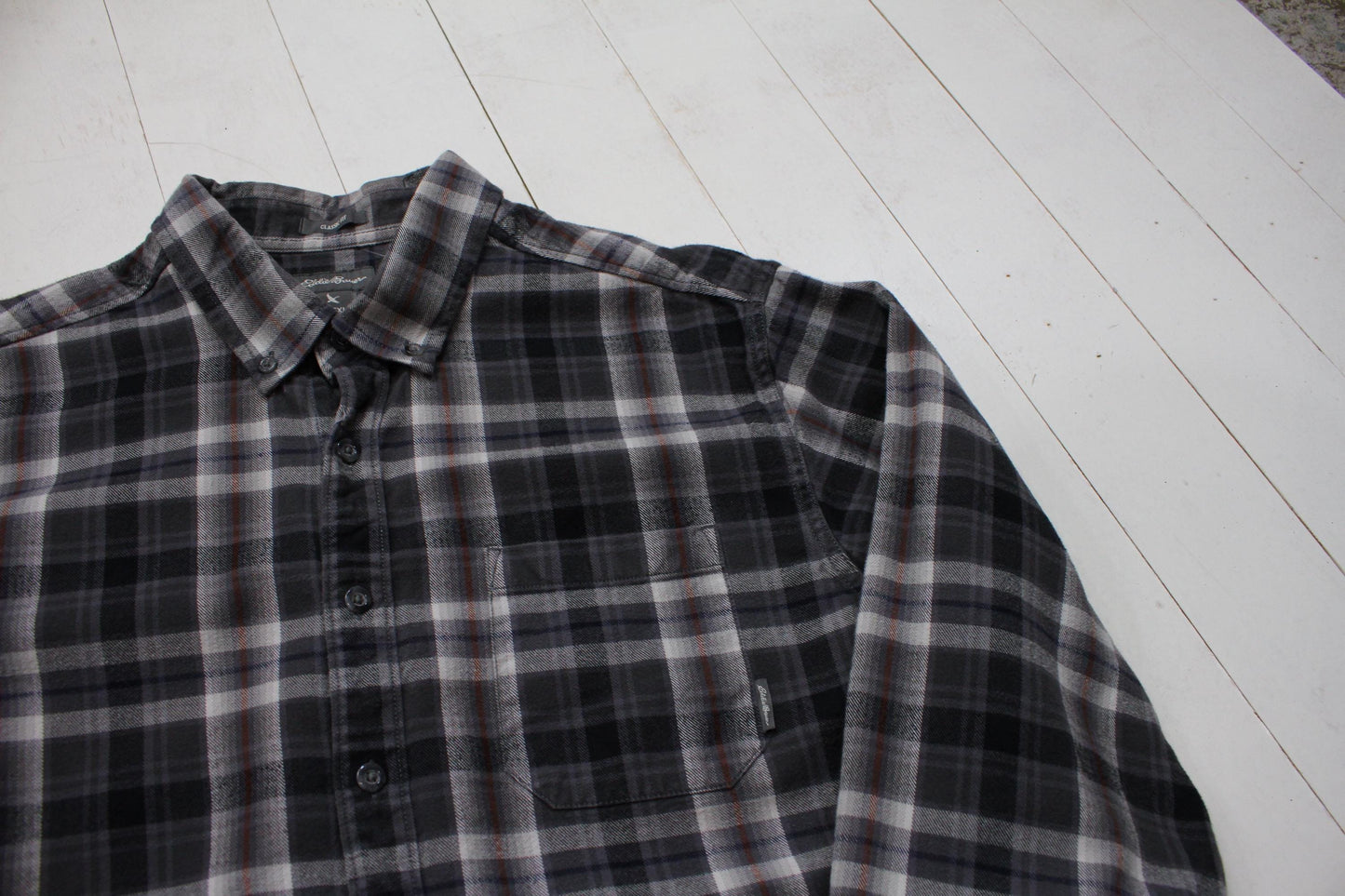 2010s Eddie Bauer Grey Plaid Button Down Flannel Shirt Size L/XL