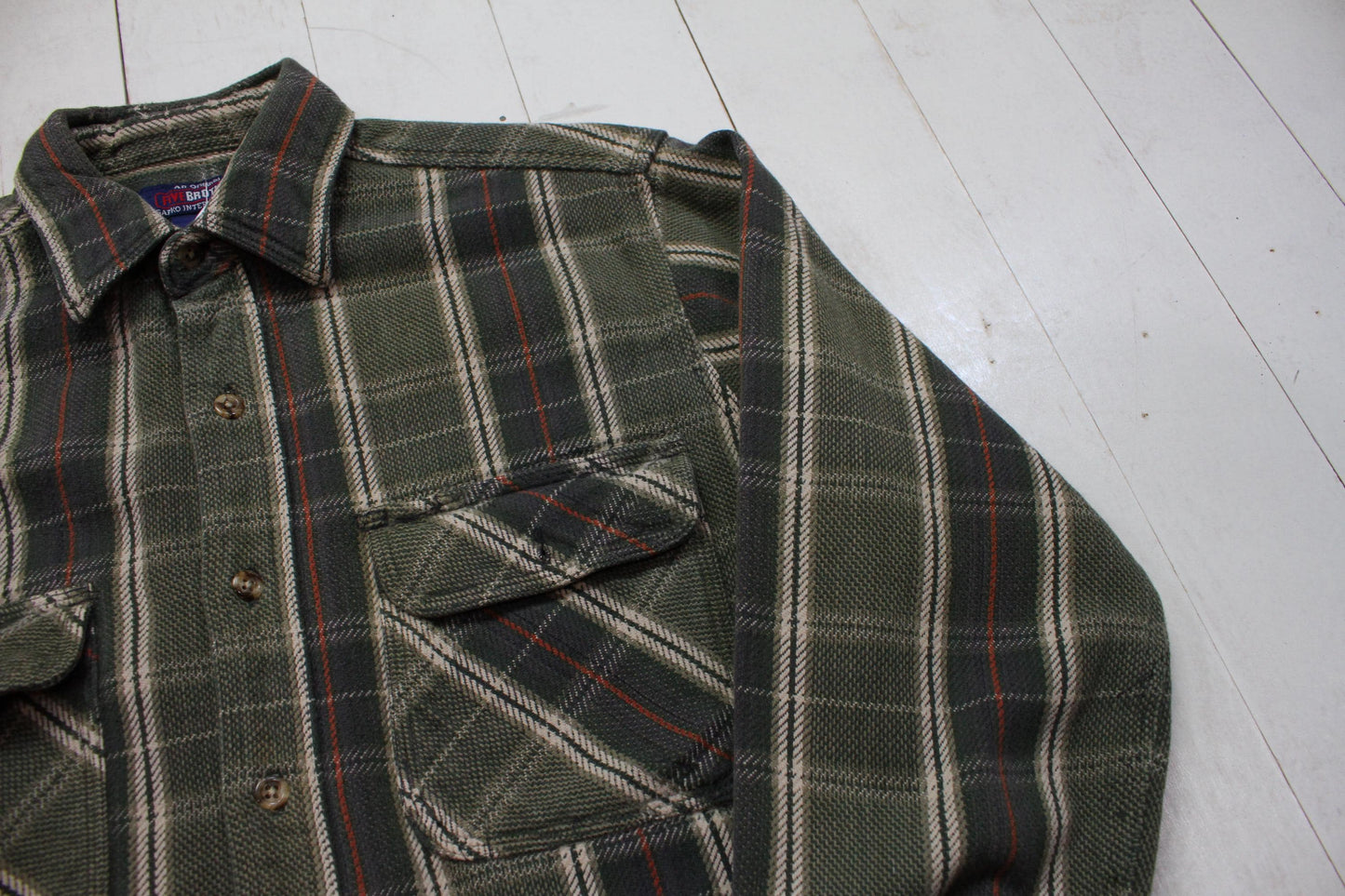 2000s Five Brother Green Plaid Flannel Shirt Work Shirt Size M/L