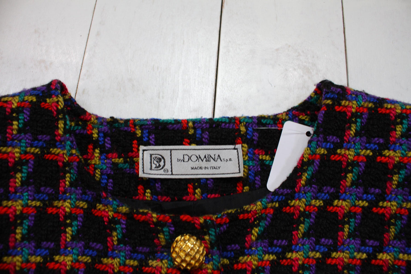 1980s/1990s Domina Black Multicolour Viscose Knit Business Suit Set Blazer and Skirt