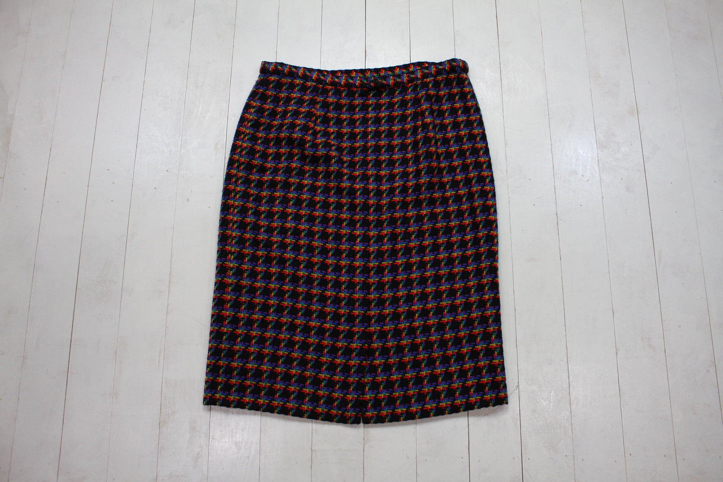 1980s/1990s Domina Black Multicolour Viscose Knit Business Suit Set Blazer and Skirt