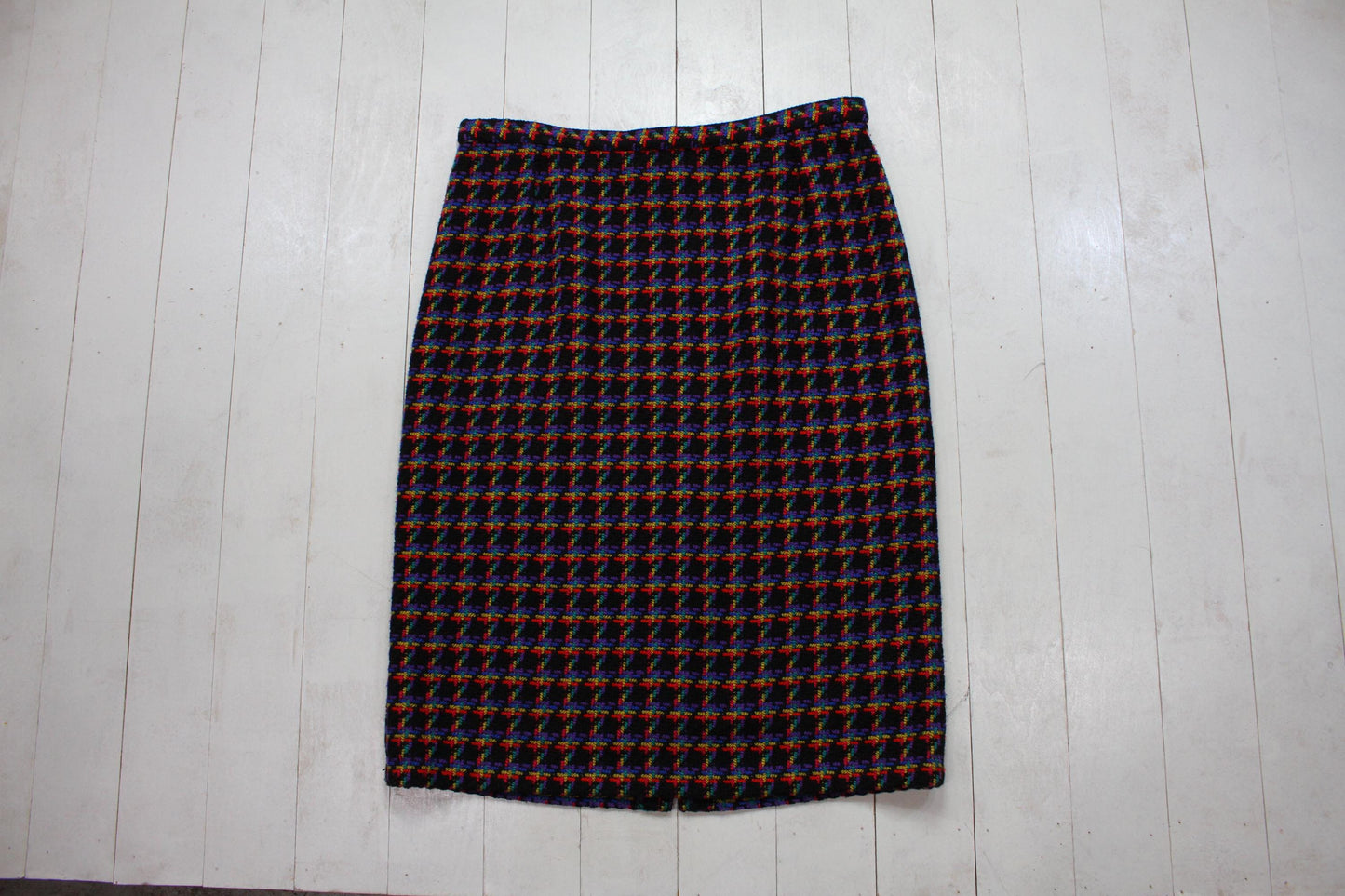 1980s/1990s Domina Black Multicolour Viscose Knit Business Suit Set Blazer and Skirt