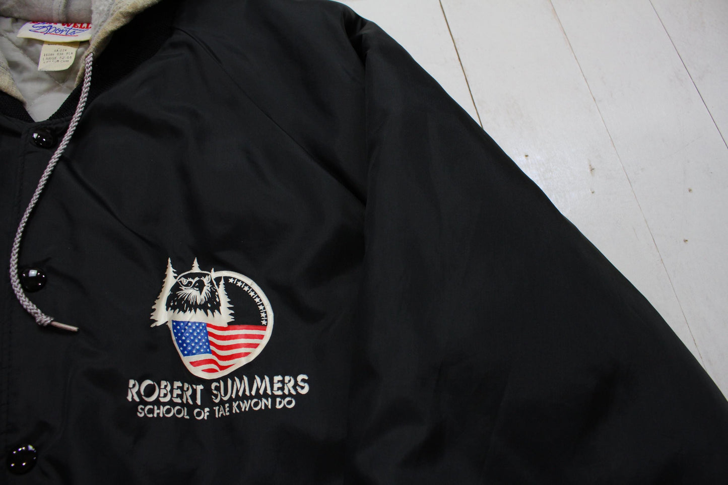 1980s/1990s Hartwell Black Robert Summers Tae Kwon Do Hoodie Quilted Lined Nylon Bomber Jacket Made in USA Size L