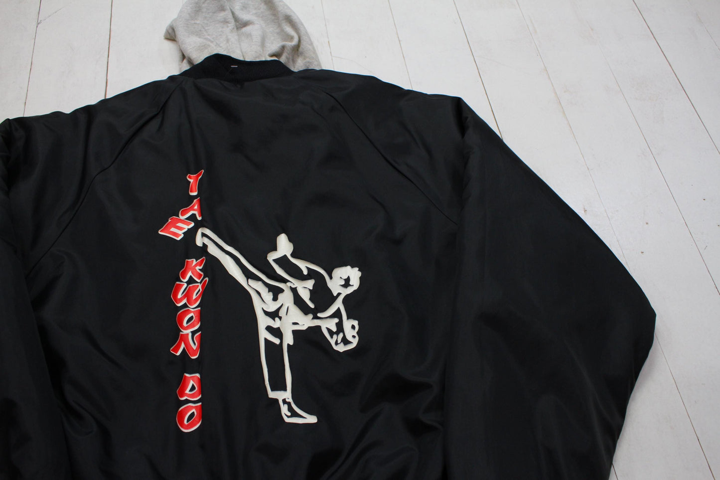 1980s/1990s Hartwell Black Robert Summers Tae Kwon Do Hoodie Quilted Lined Nylon Bomber Jacket Made in USA Size L