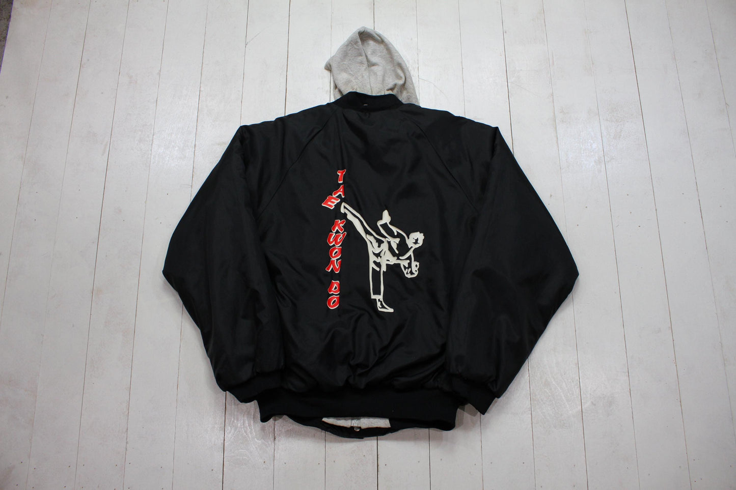 1980s/1990s Hartwell Black Robert Summers Tae Kwon Do Hoodie Quilted Lined Nylon Bomber Jacket Made in USA Size L