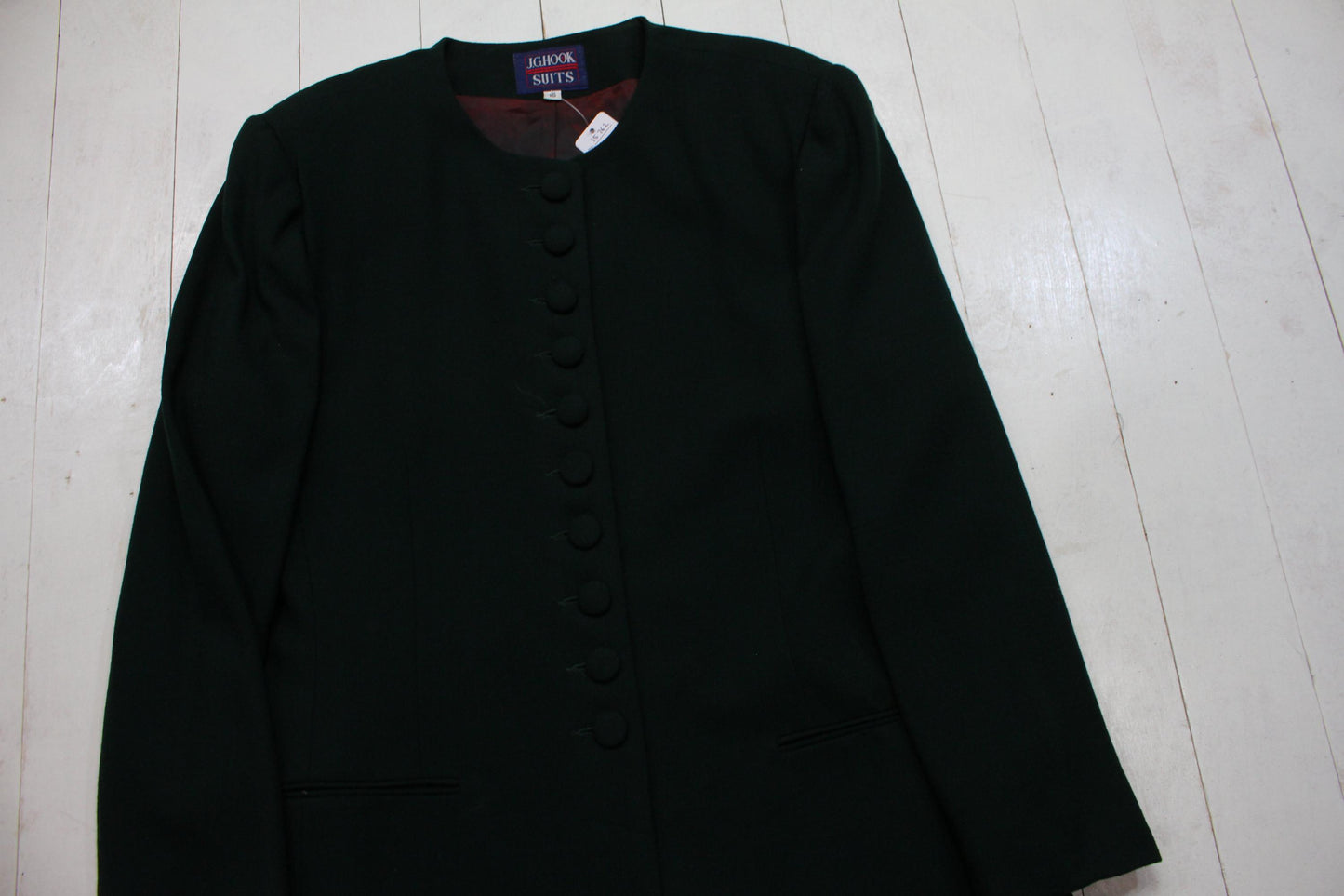 1980s JG Hook Suits Dark Green Collarless Wool Coat Made in USA Women's Size XL