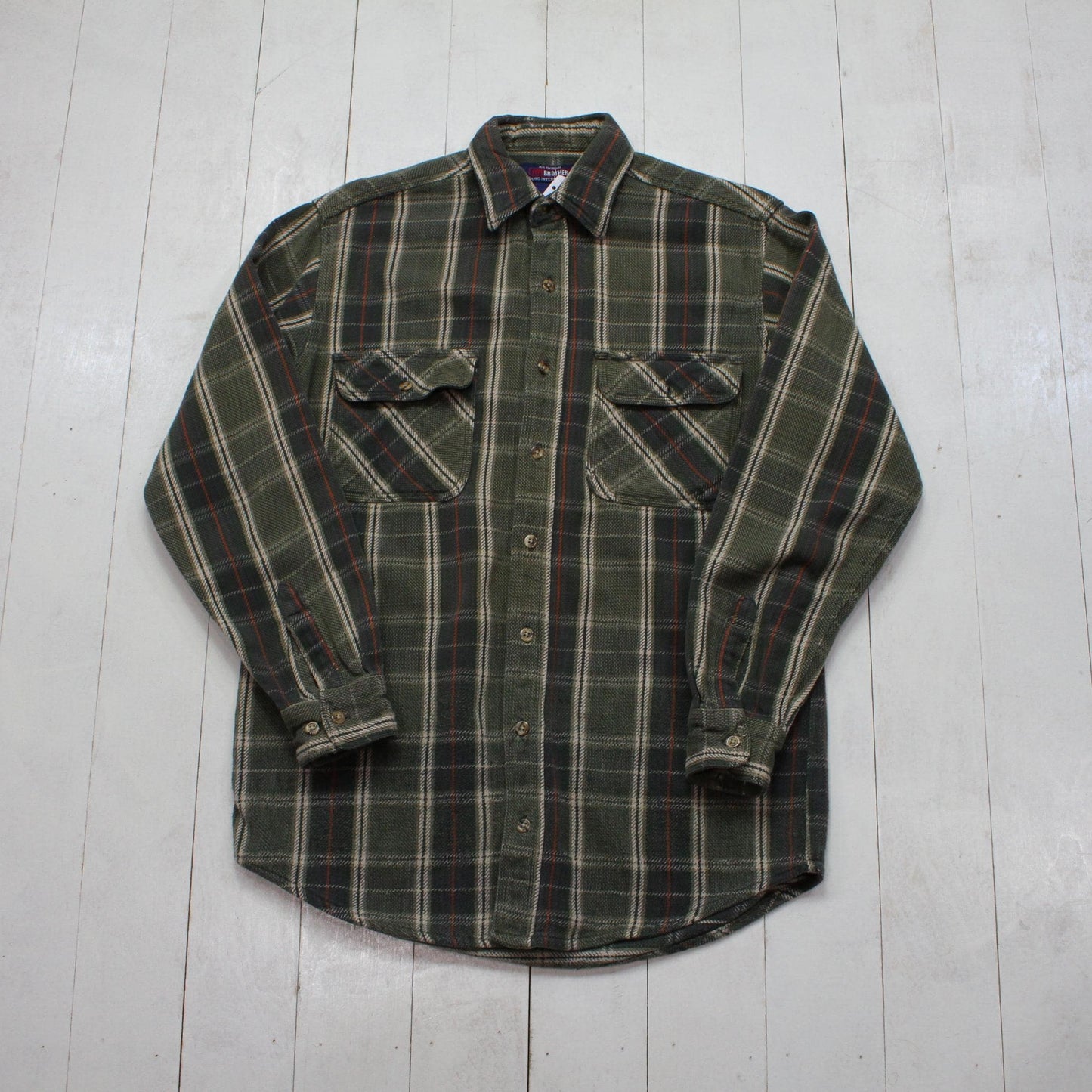 2000s Five Brother Green Plaid Flannel Shirt Work Shirt Size M/L