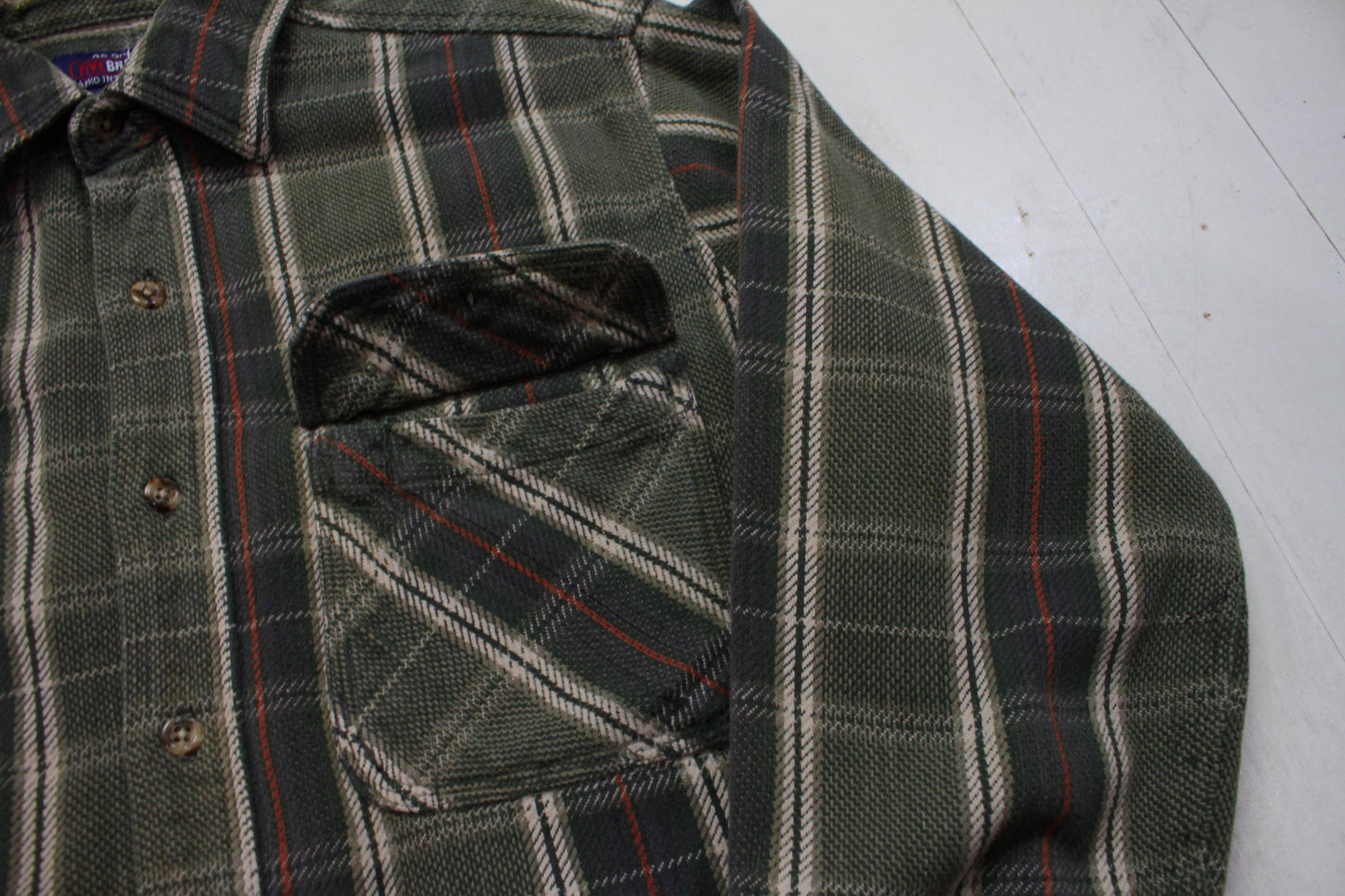 2000s Five Brother Green Plaid Flannel Shirt Work Shirt Size M/L