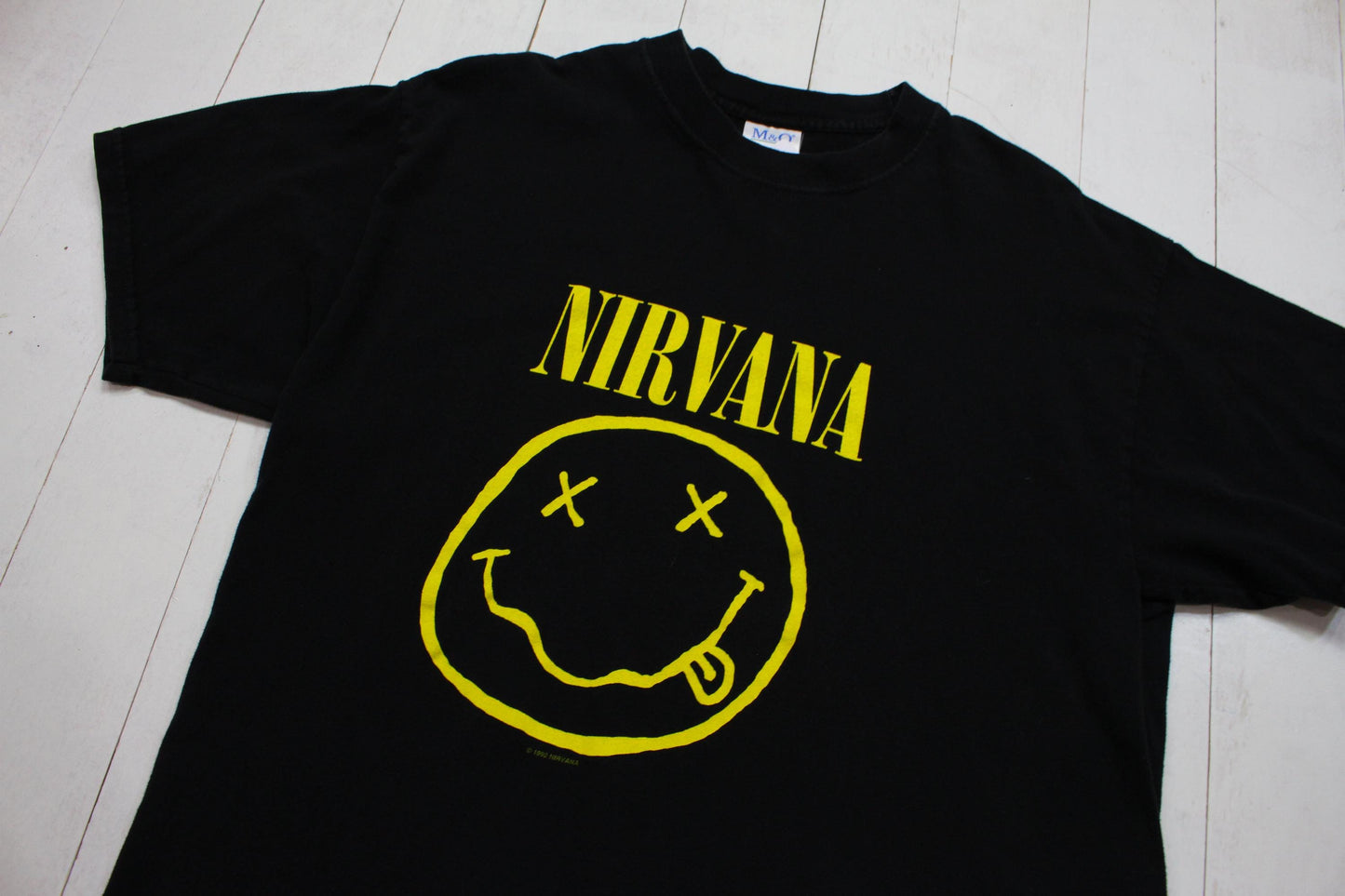 1990s/2000s Y2K M&O Knits Heavyweight Nirvana X-Eye Smiley Face Grunge Band T-Shirt Size L