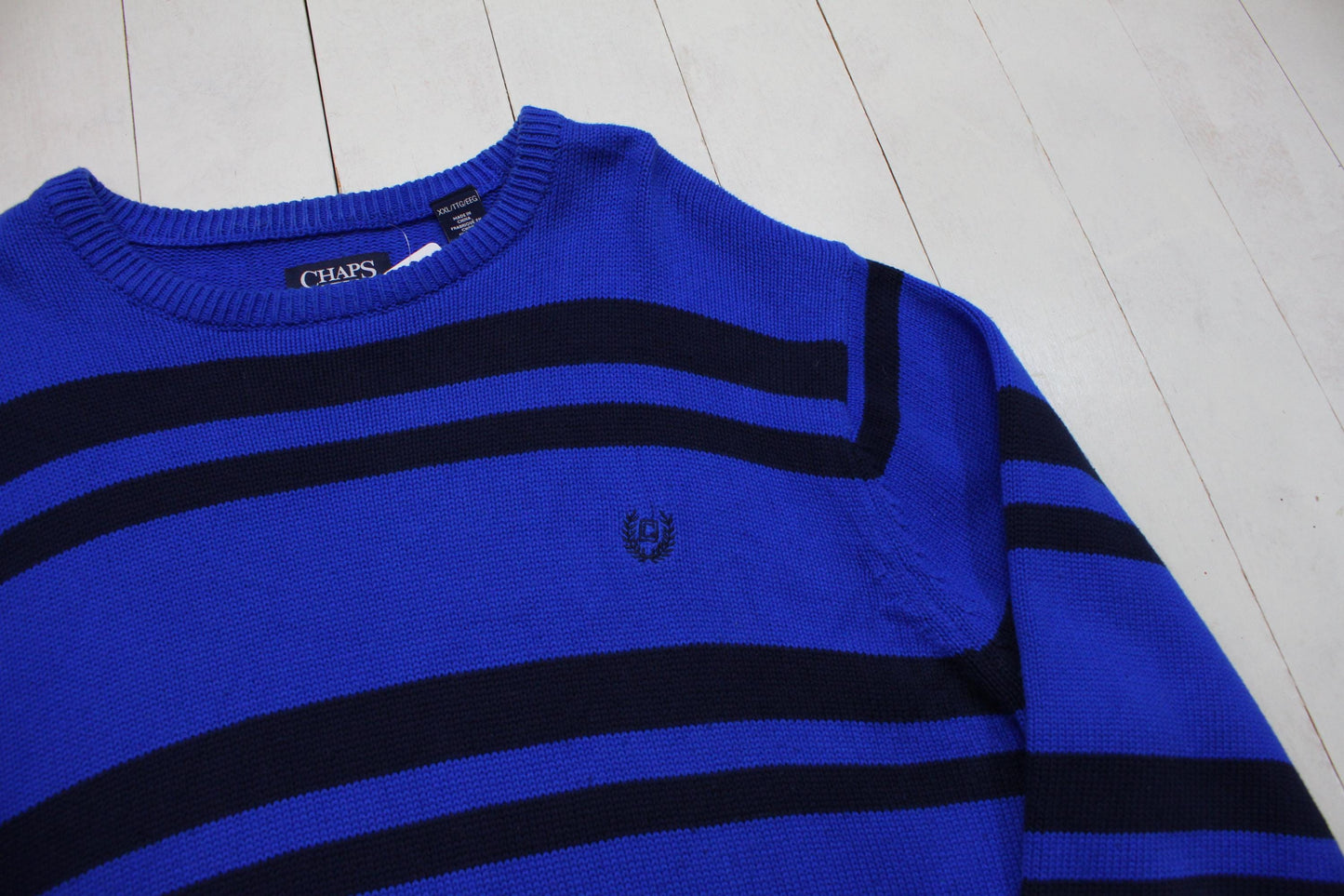 2000s/2010s Chaps Ralph Lauren Blue Black Striped Cotton Knit Sweater Size XXL
