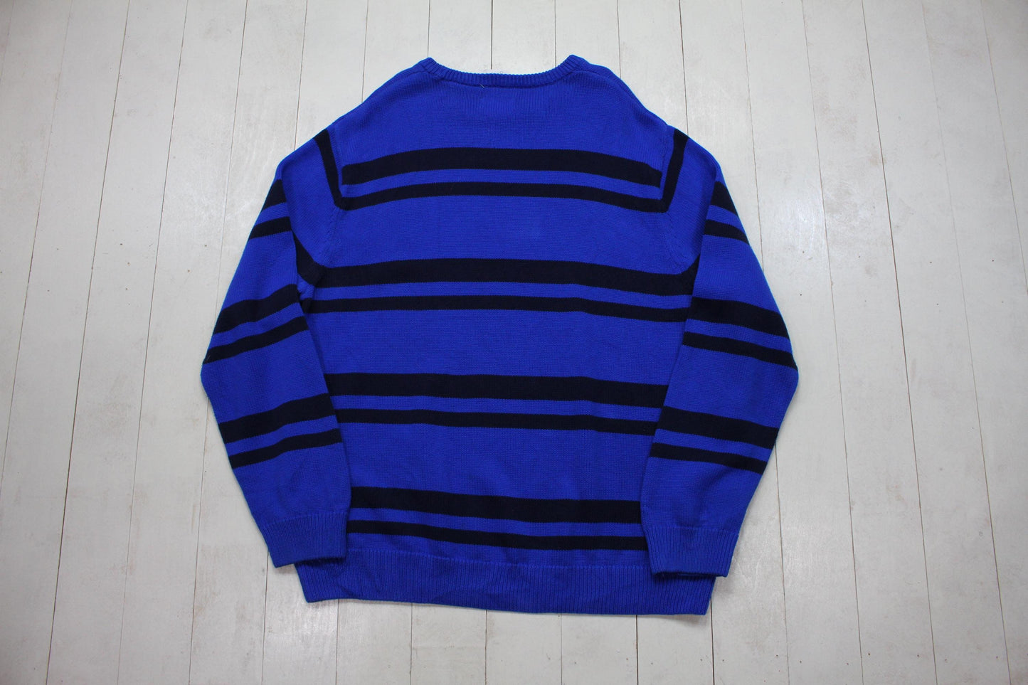 2000s/2010s Chaps Ralph Lauren Blue Black Striped Cotton Knit Sweater Size XXL