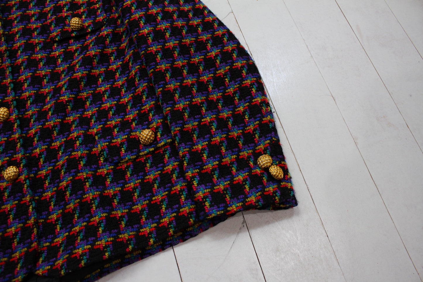 1980s/1990s Domina Black Multicolour Viscose Knit Business Suit Set Blazer and Skirt