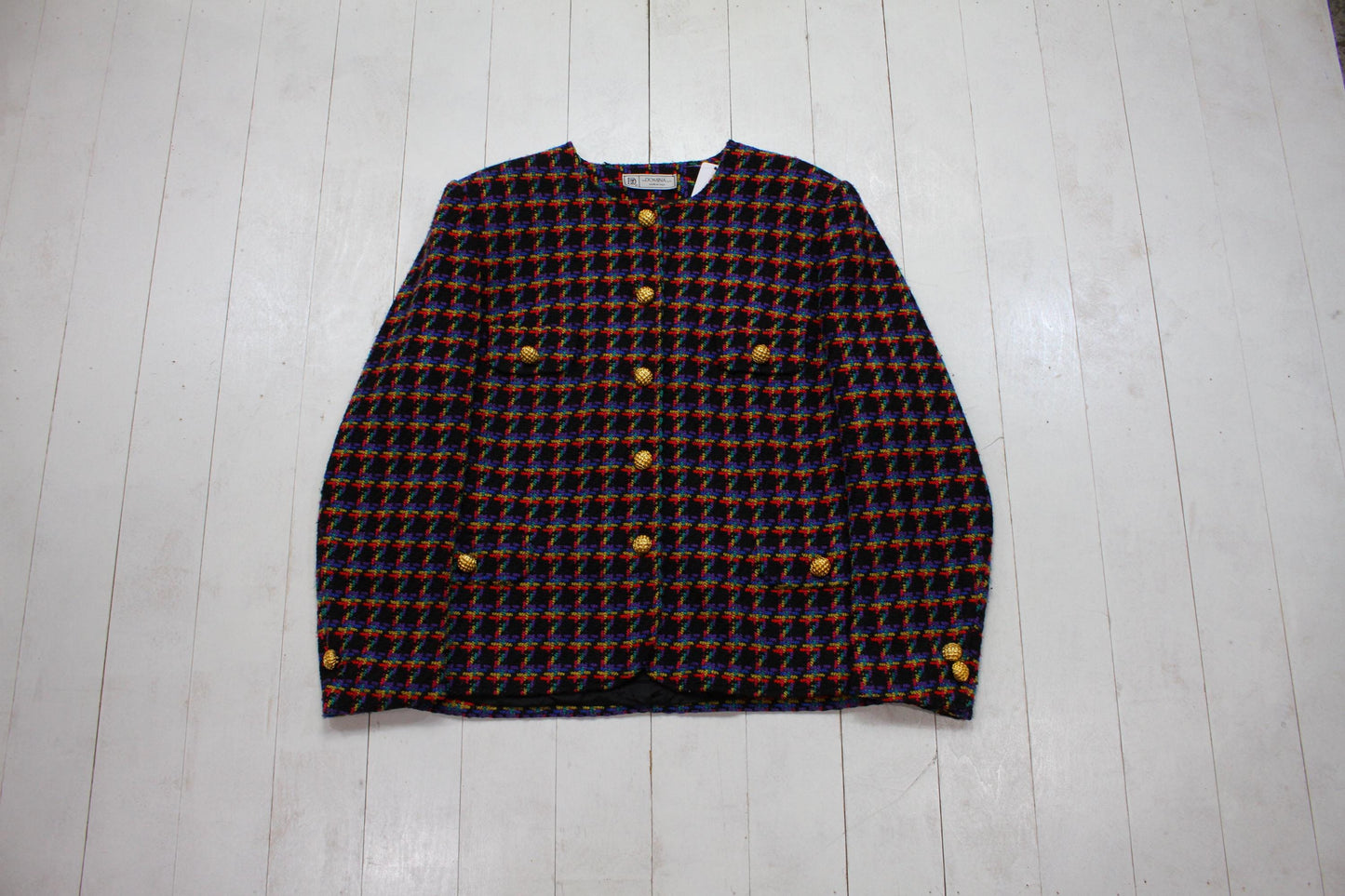 1980s/1990s Domina Black Multicolour Viscose Knit Business Suit Set Blazer and Skirt
