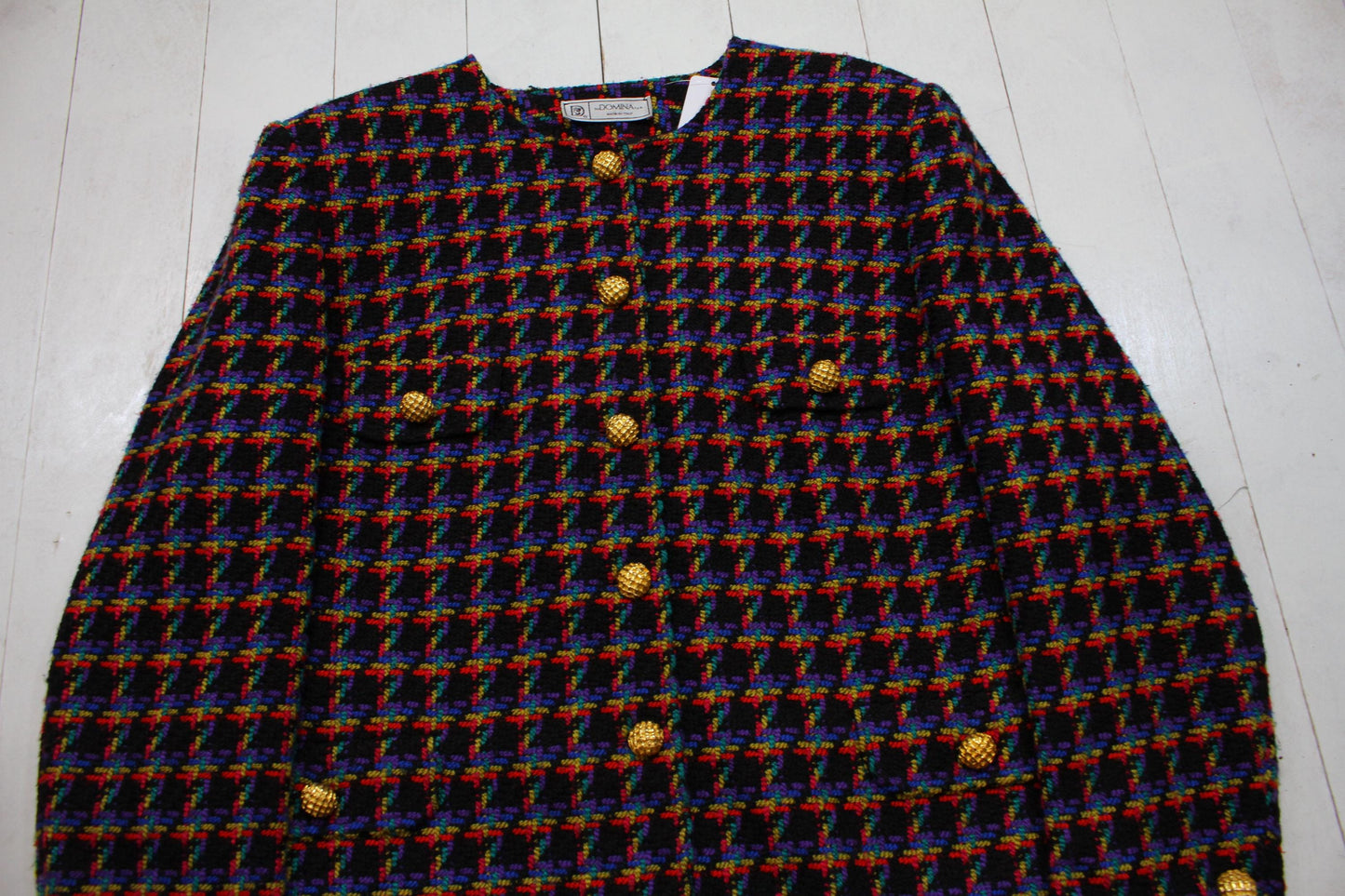 1980s/1990s Domina Black Multicolour Viscose Knit Business Suit Set Blazer and Skirt
