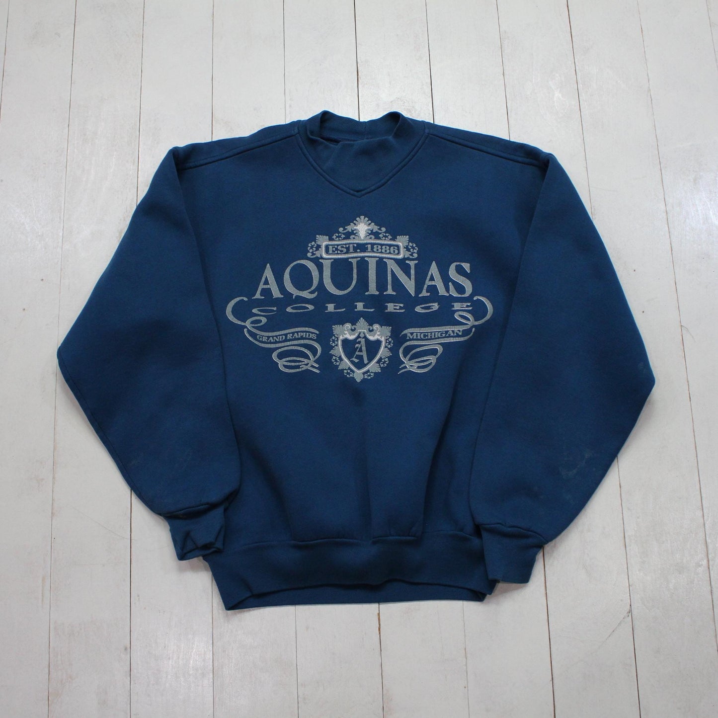 1990s Jansport Aquinas College Teal Grand Rapids Michigan Sweatshirt Made in USA Size M
