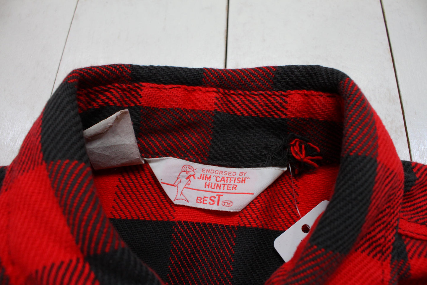 1970s Jim Catfish Hunter Red Black Buffalo Plaid Flannel Shirt Size M/L