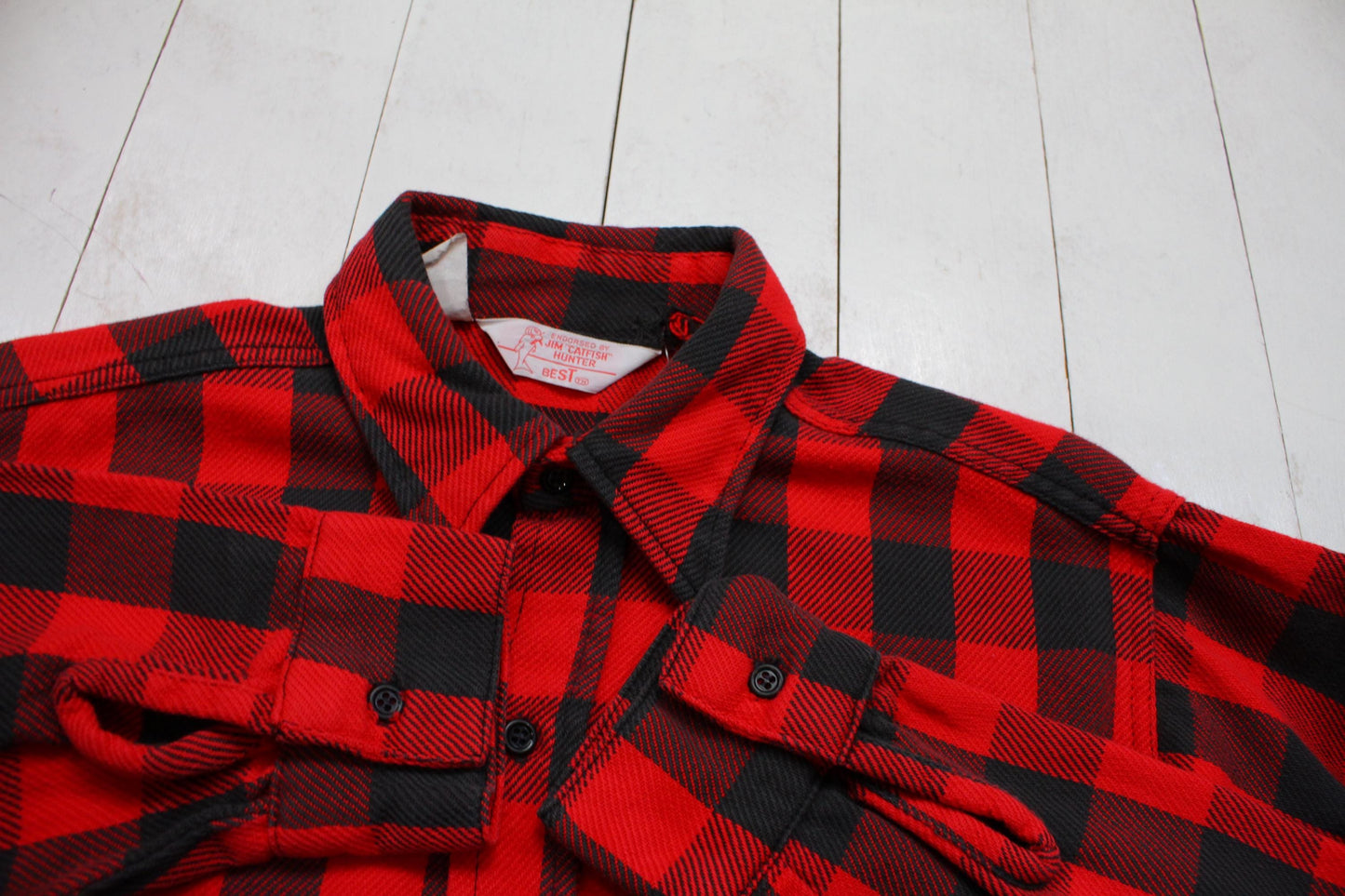 1970s Jim Catfish Hunter Red Black Buffalo Plaid Flannel Shirt Size M/L