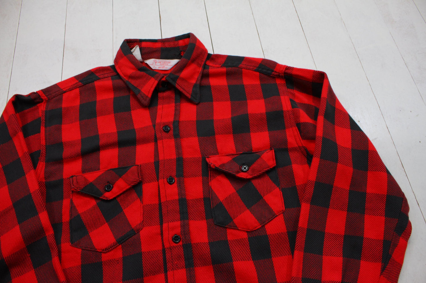 1970s Jim Catfish Hunter Red Black Buffalo Plaid Flannel Shirt Size M/L