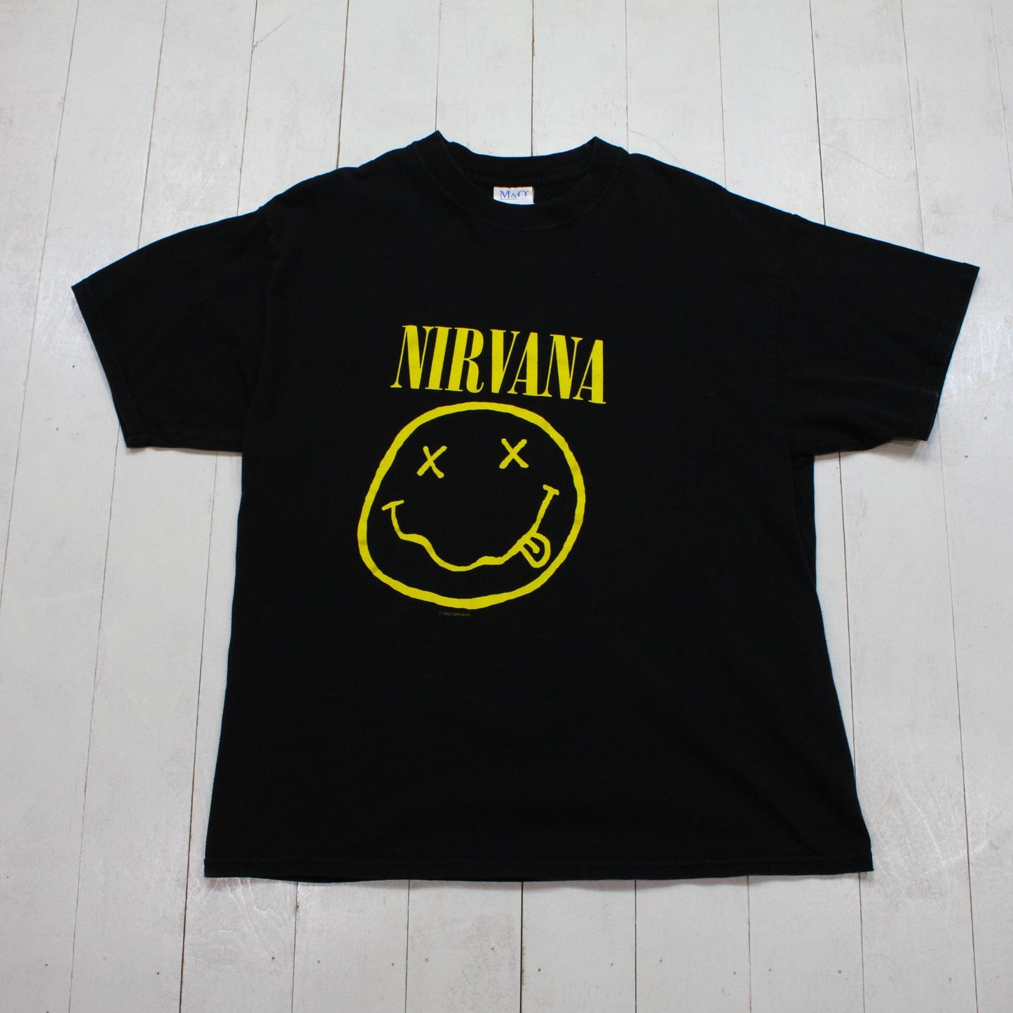 1990s/2000s Y2K M&O Knits Heavyweight Nirvana X-Eye Smiley Face Grunge Band T-Shirt Size L