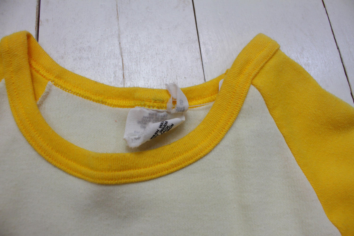 1980s Blank White Yellow Raglan Long Sleeve T-Shirt Made in USA Kids Size S