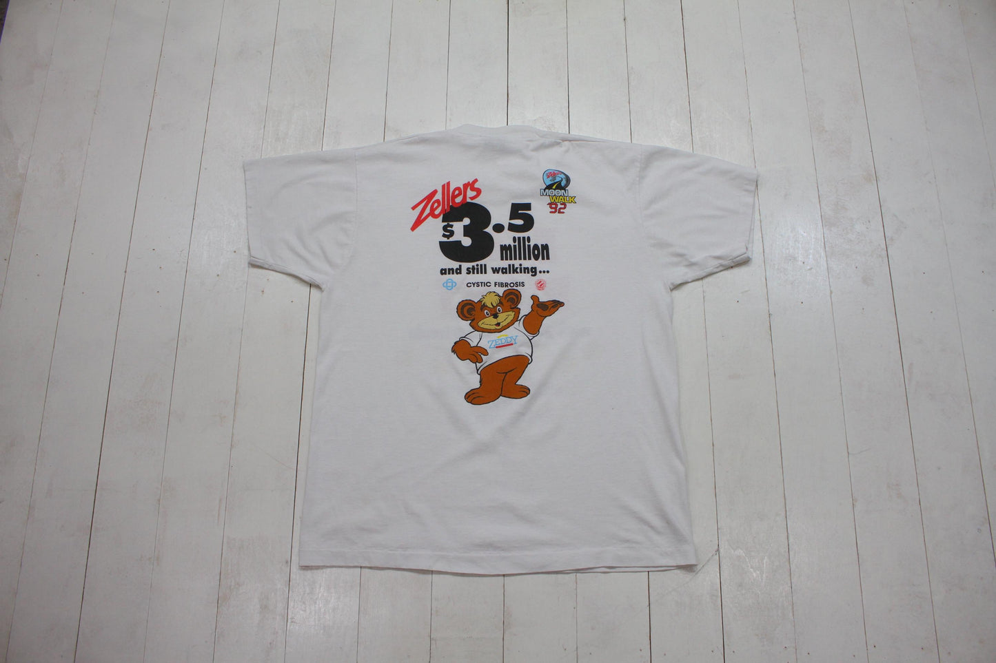 1990s 1992 Zellers Bear Right Moonwalk for Cystic Fibrosis T-Shirt Made in Canada Size L